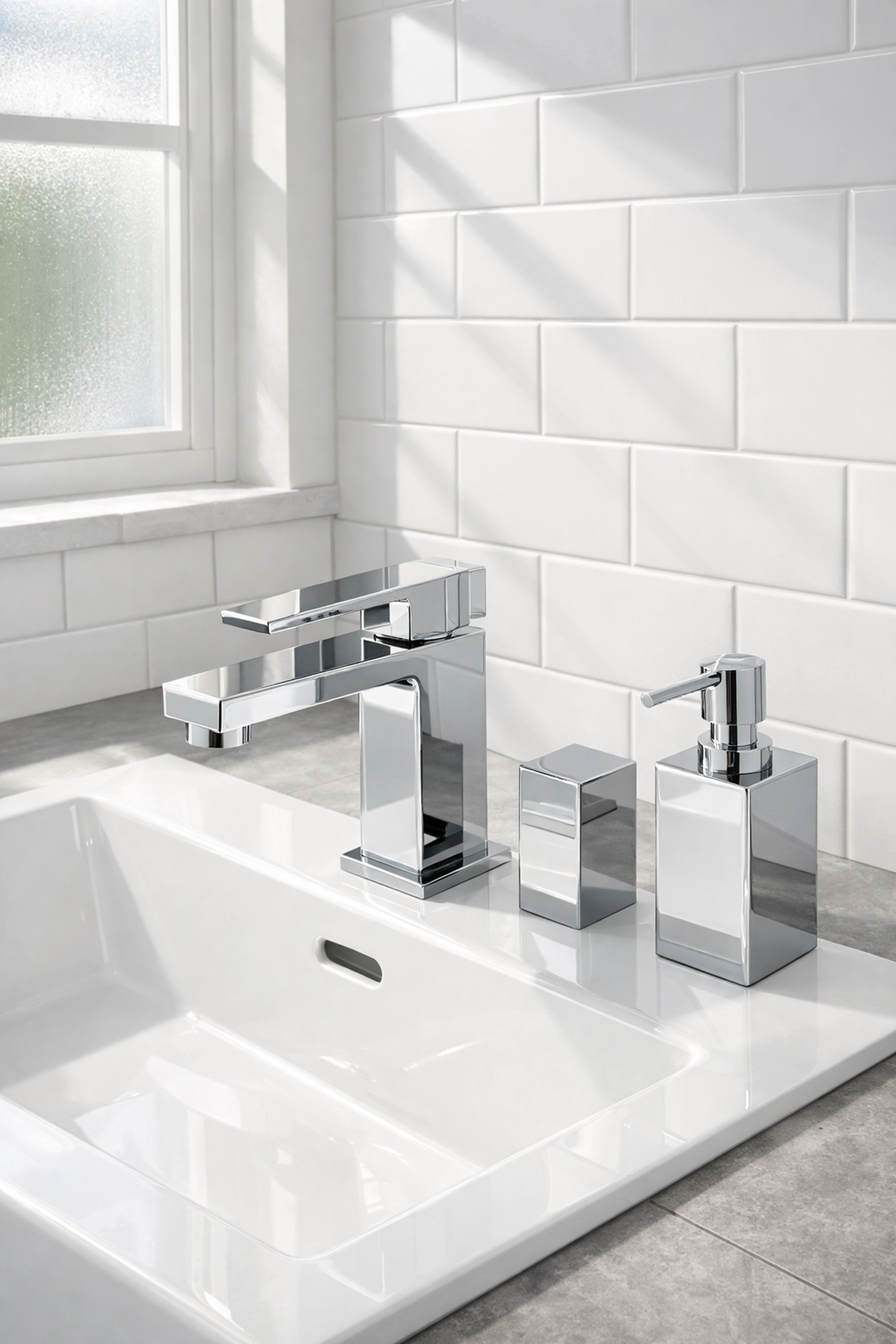 Modern bathroom with chrome fixtures and white subway tile from Orlando remodeling project