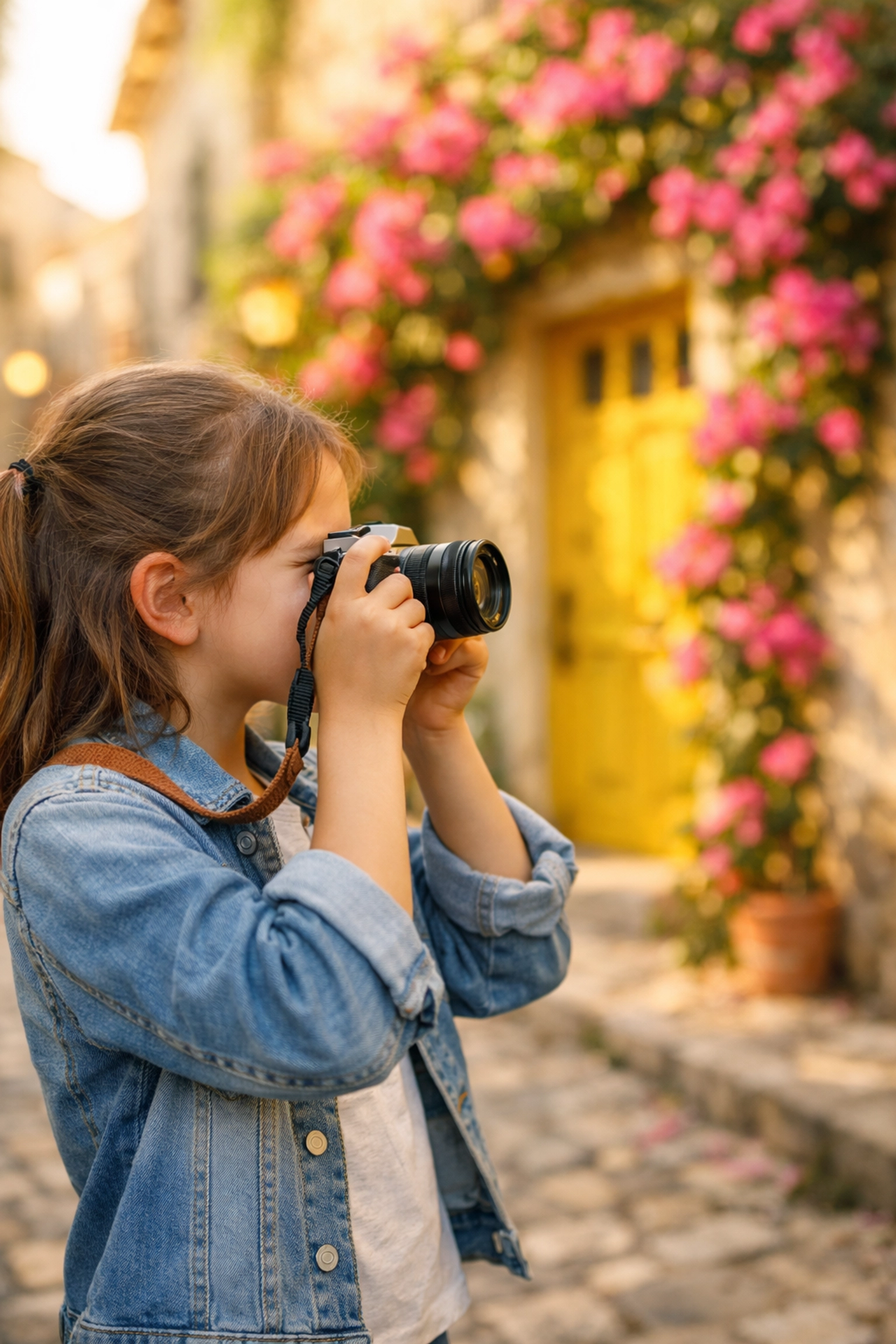 Young girl using a camera for a photo scavenger hunt, a fun family travel activity in a historic district.
