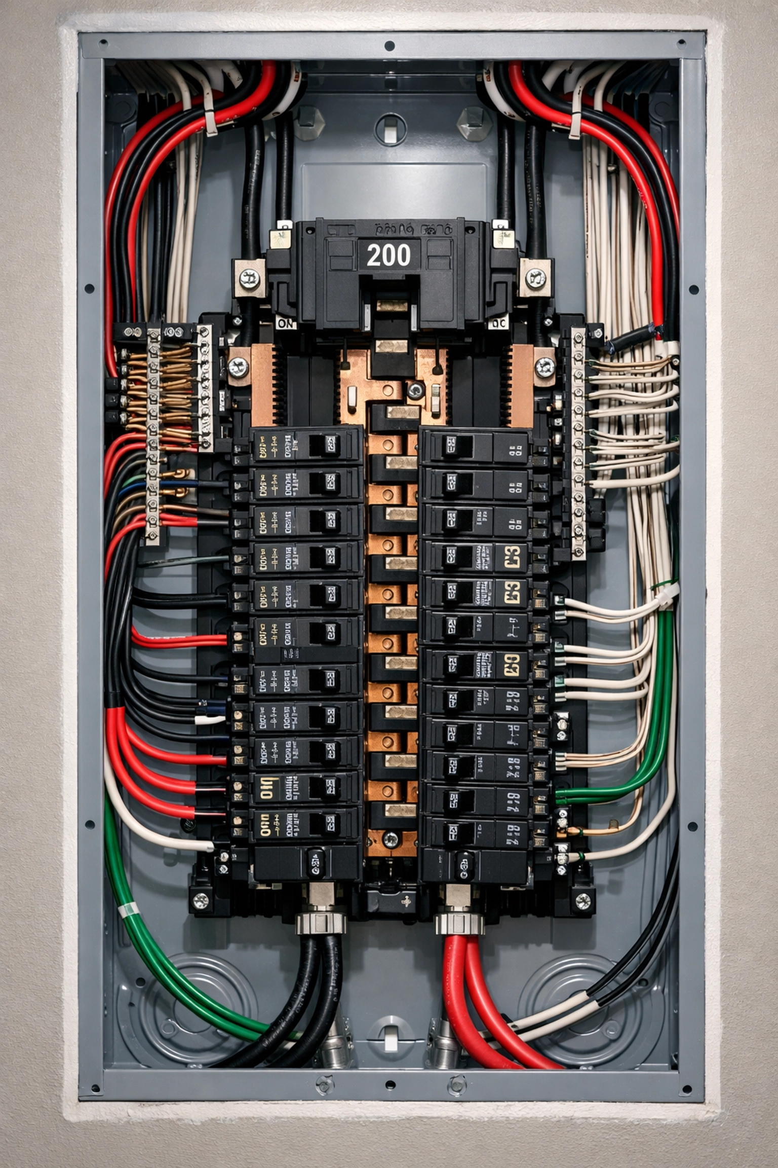 200-amp residential electrical panel with organized circuit breakers for EV charger installation
