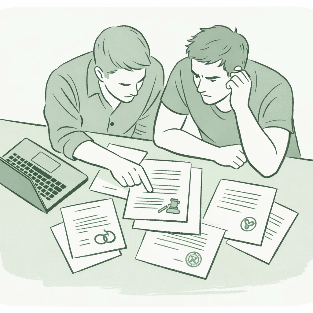 Gay couple reviewing marriage legal documents together at desk navigating LGBTQ+ rights