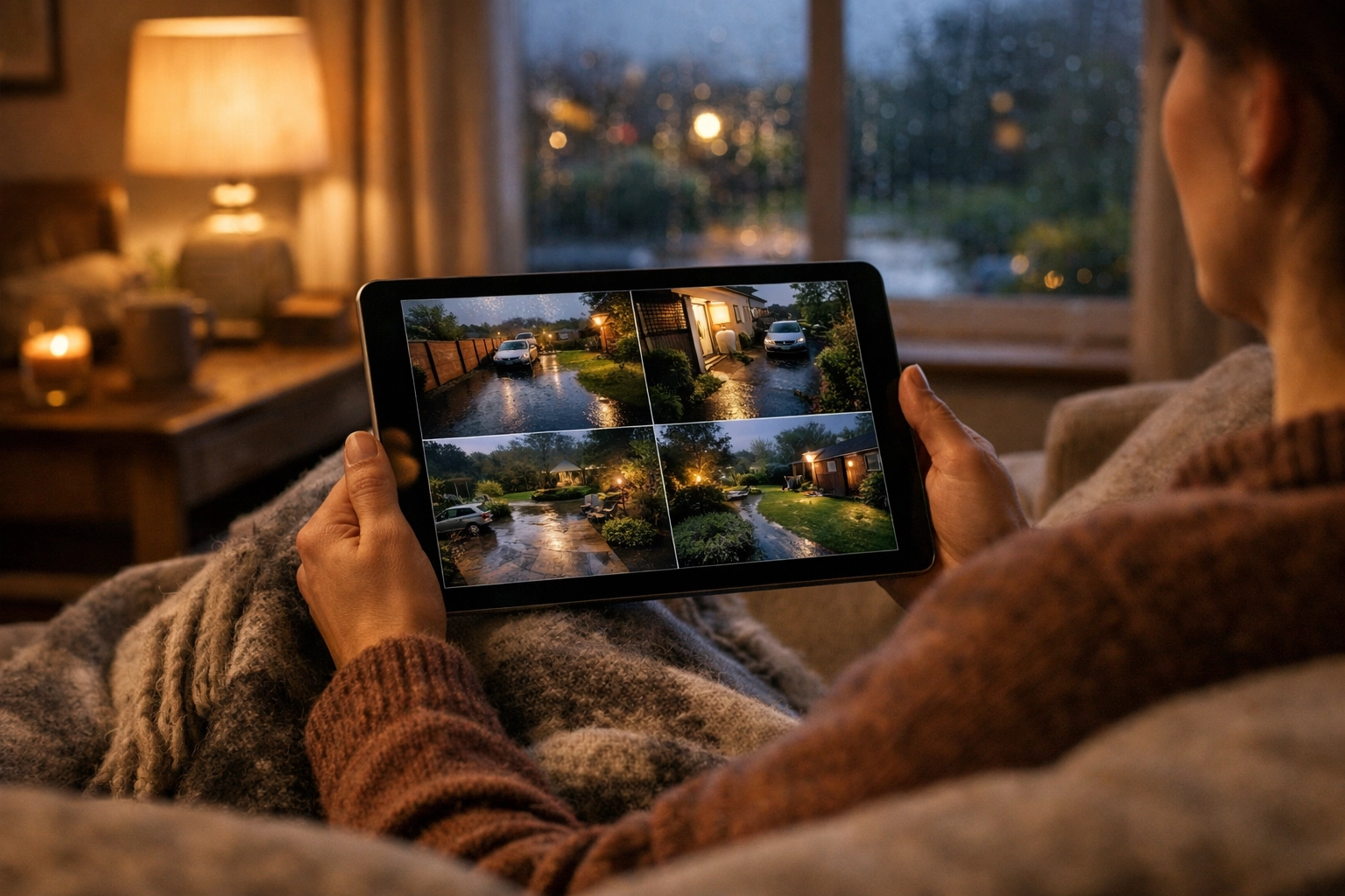 A resident using remote viewing on a tablet to monitor their home security system in Bristol.
