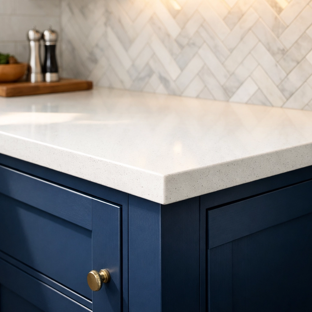 High-quality navy blue cabinetry and white quartz countertops in a professional Pataskala kitchen remodel.