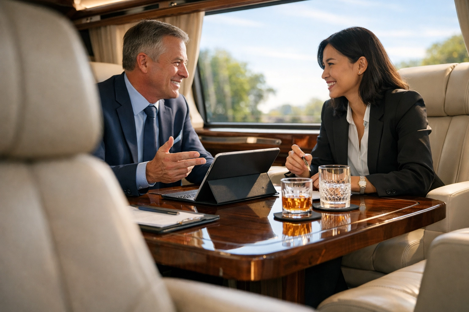 Business executives networking in the comfortable interior of a luxury coach during a Super Bowl corporate event.