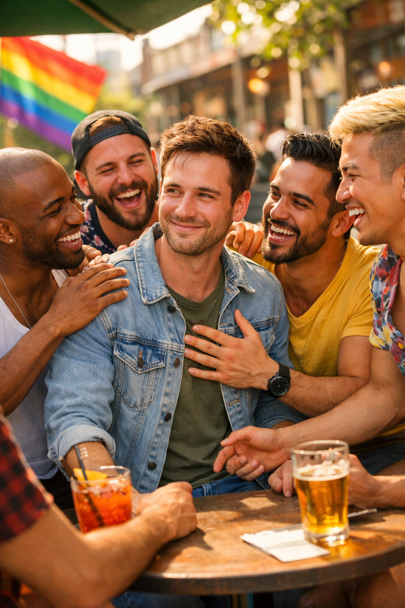 A man finding community and acceptance with a group of friends, a key theme in LGBTQ+ fiction.