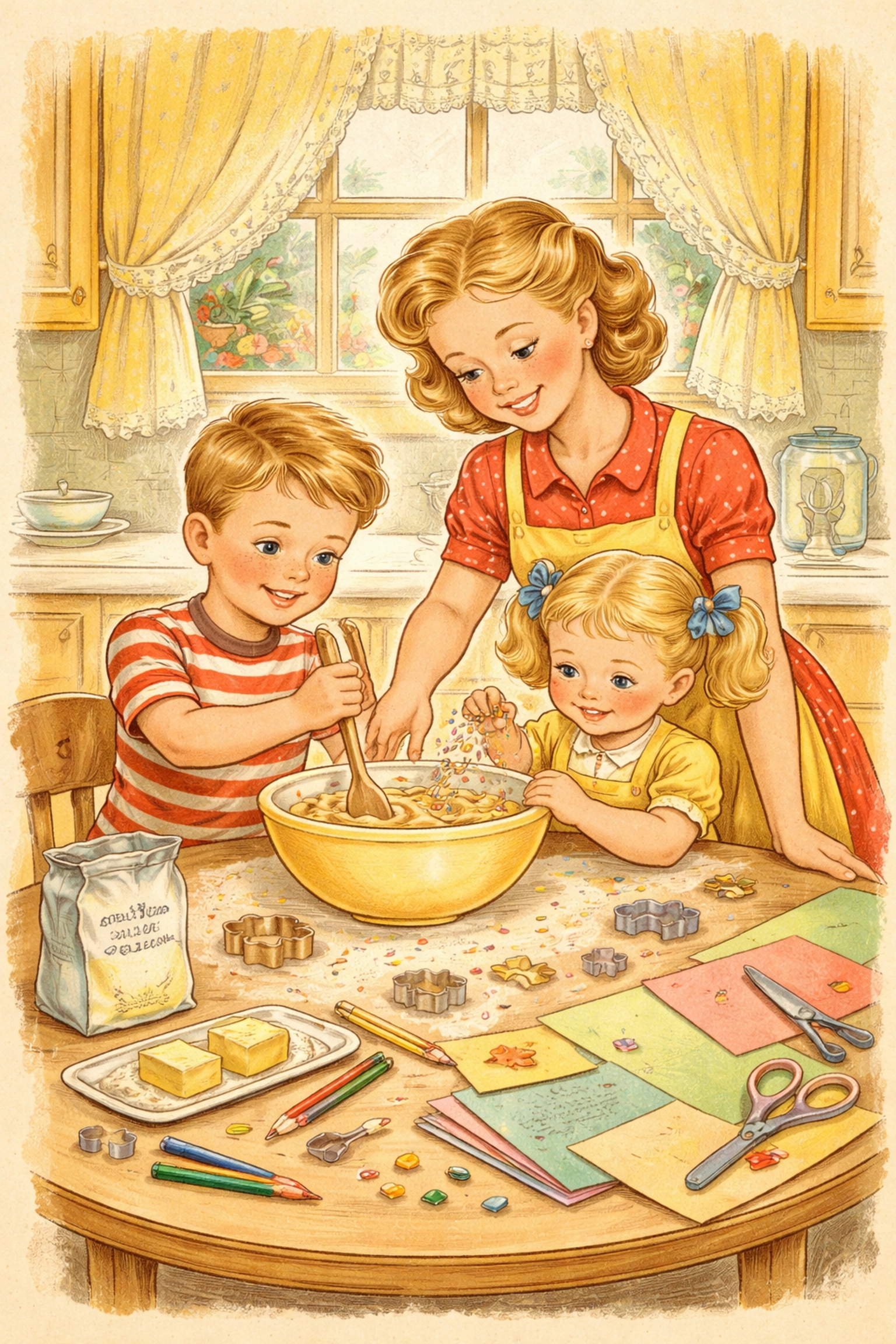 A family making flour and water glue crafts at a kitchen table, with colorful paper and flour visible.
