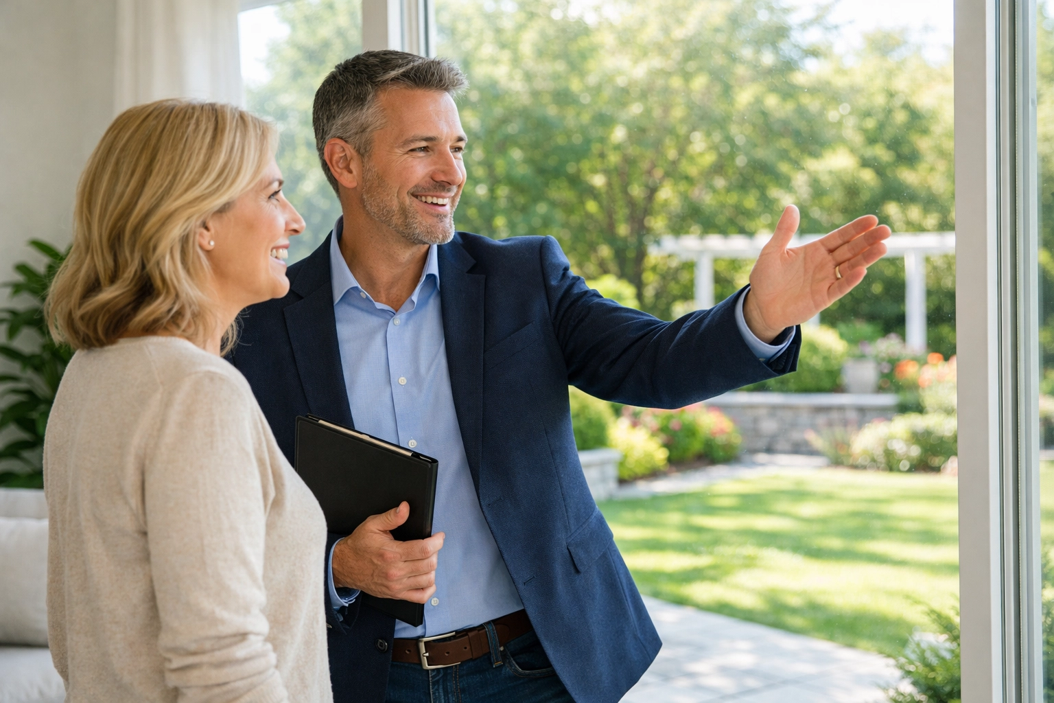 Real estate expert guiding a Triad NC homeowner on mortgage strategies in a sunny living room.