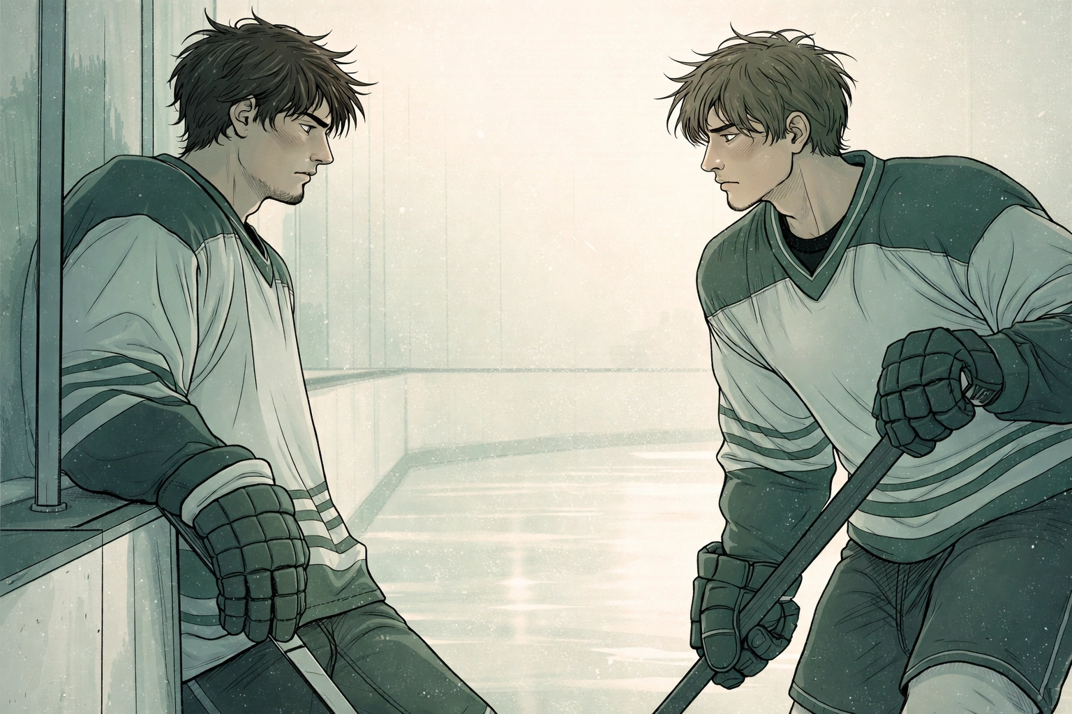 Two male hockey players face each other across the ice, capturing the electric rivals-to-lovers tension in On Thin Ice.