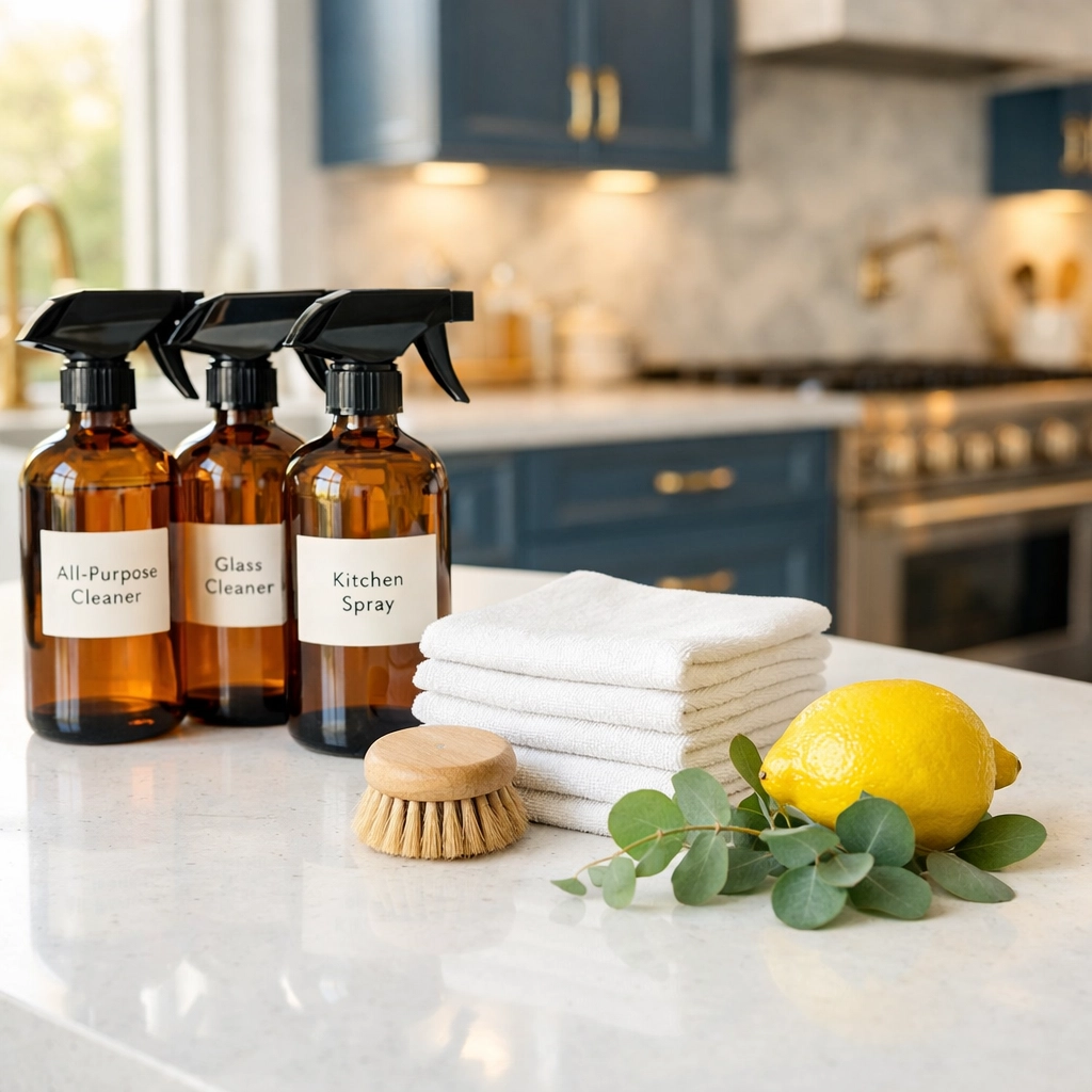 Eco-friendly cleaning products on a spotless quartz kitchen island in a luxury Concord rental.