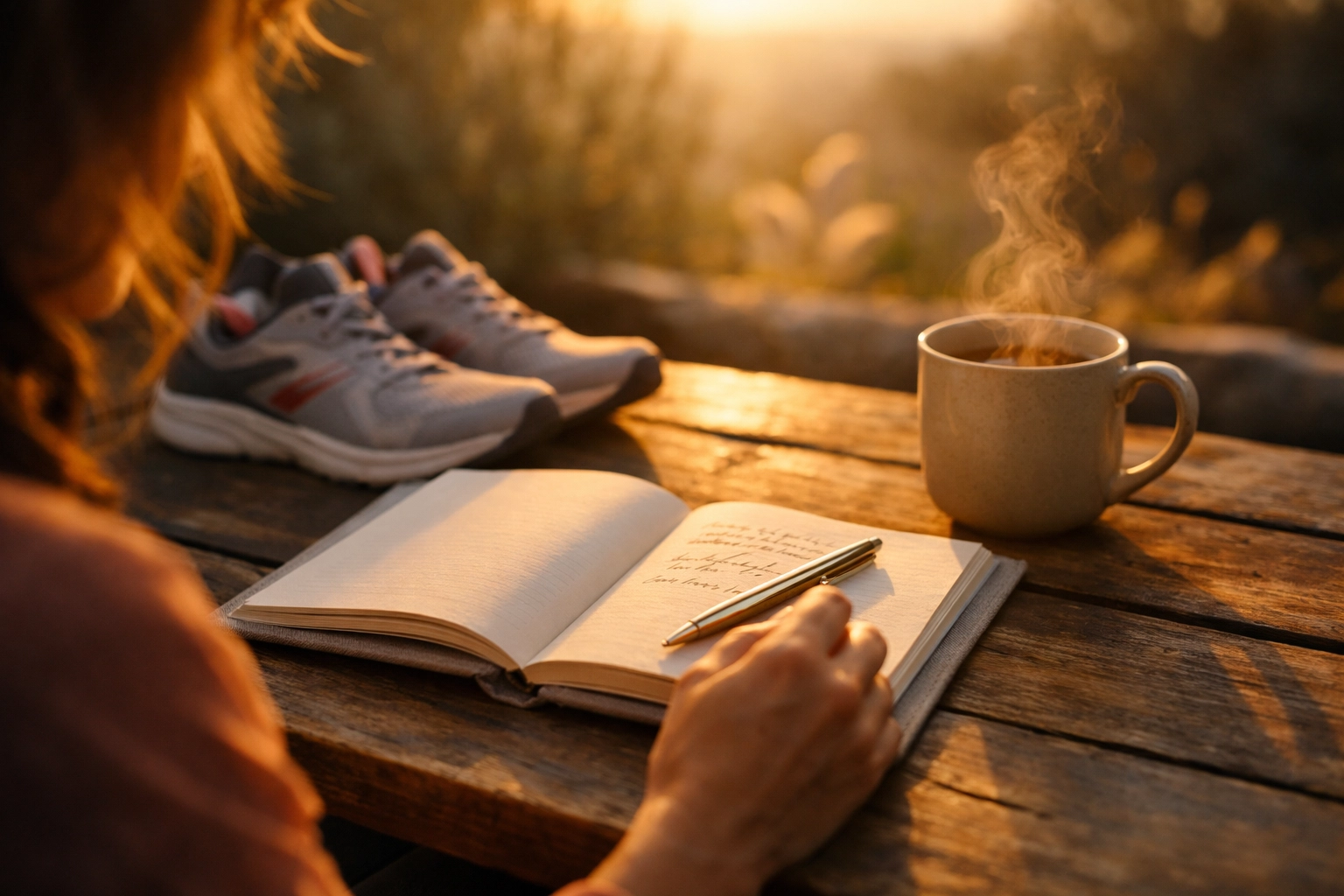 Morning self-care for women ritual with a journal and running shoes to support a high-performance lifestyle.