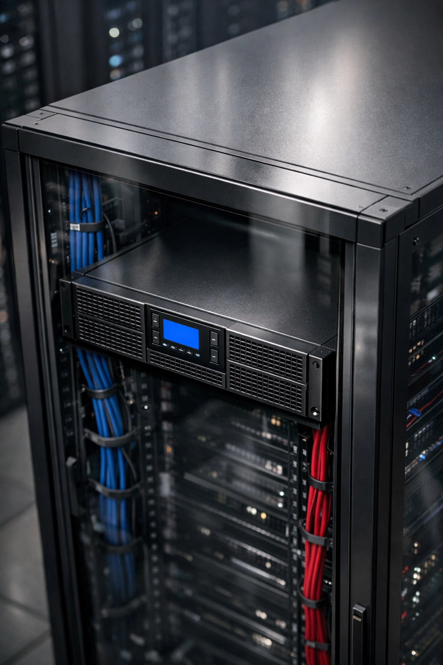 Double-conversion UPS system in a professional IT server rack for industrial power conditioning.