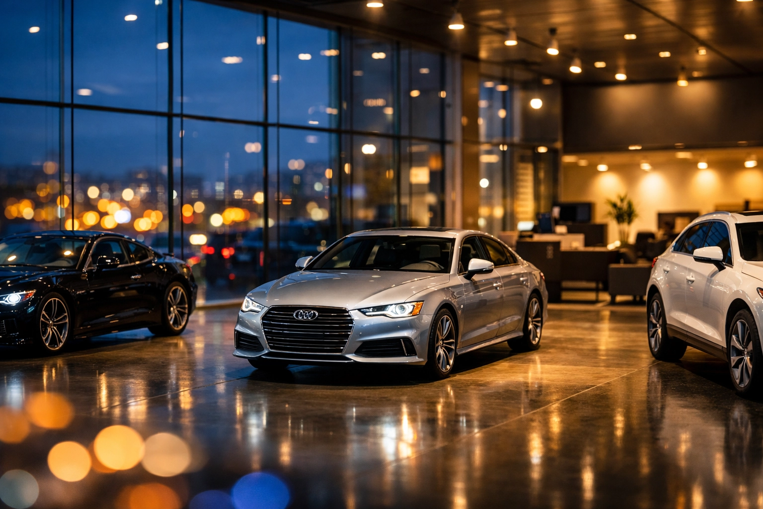 Modern car dealership showroom with luxury vehicles showcasing automation opportunities