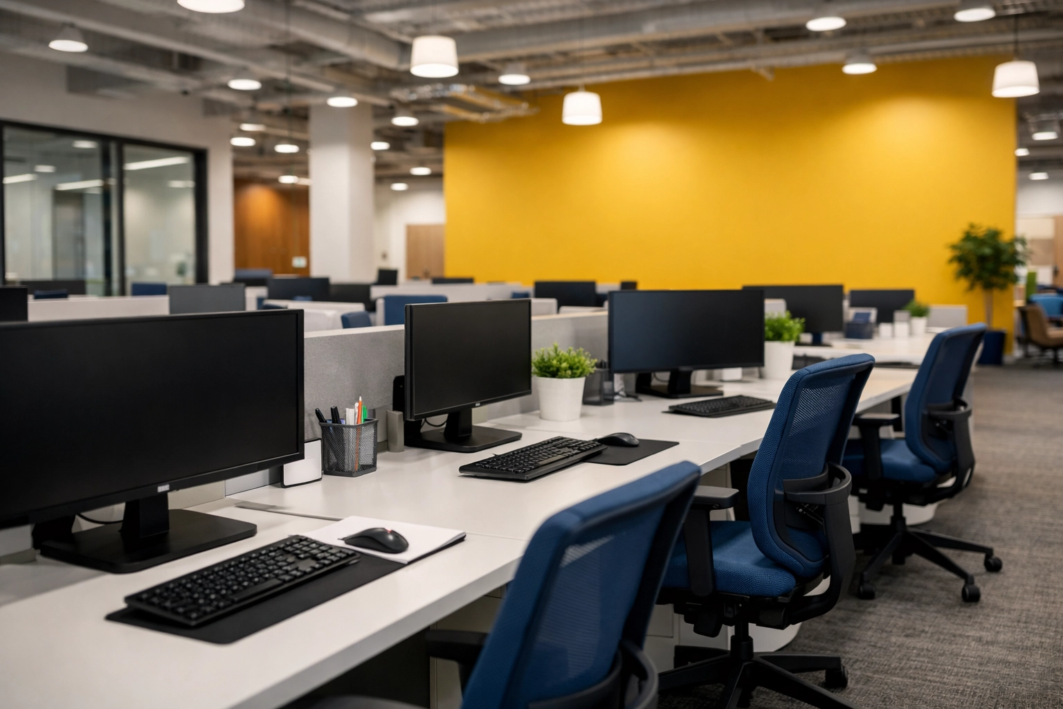 Clean corporate workspace with organized desks managed by expert janitorial services Massachusetts.