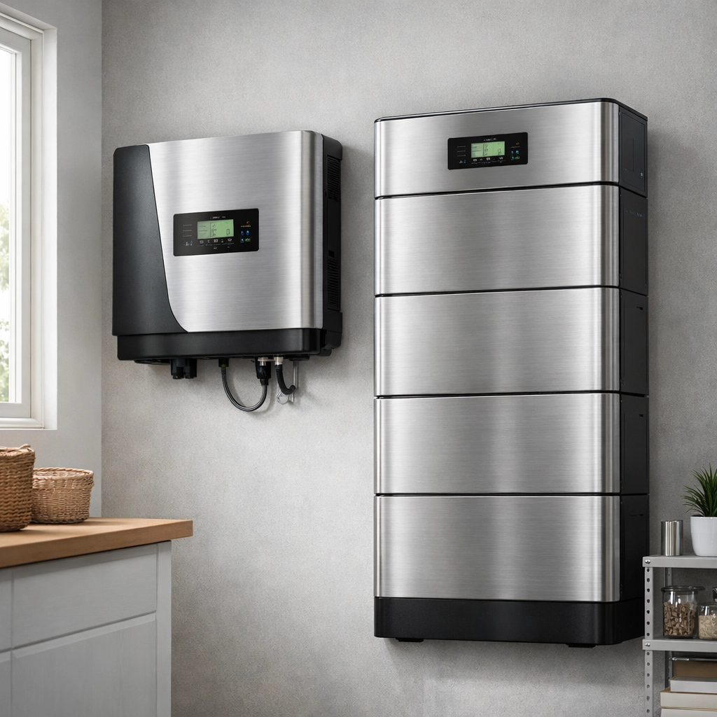 A high-end solar battery storage unit and power inverter system in a modern utility room.