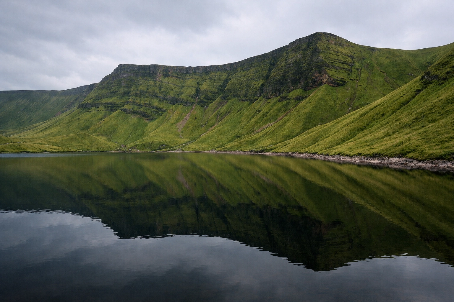 The dramatic Llyn y Fan Fach lake and escarpment in Wales, a highlight of guided hiking tours in the UK.