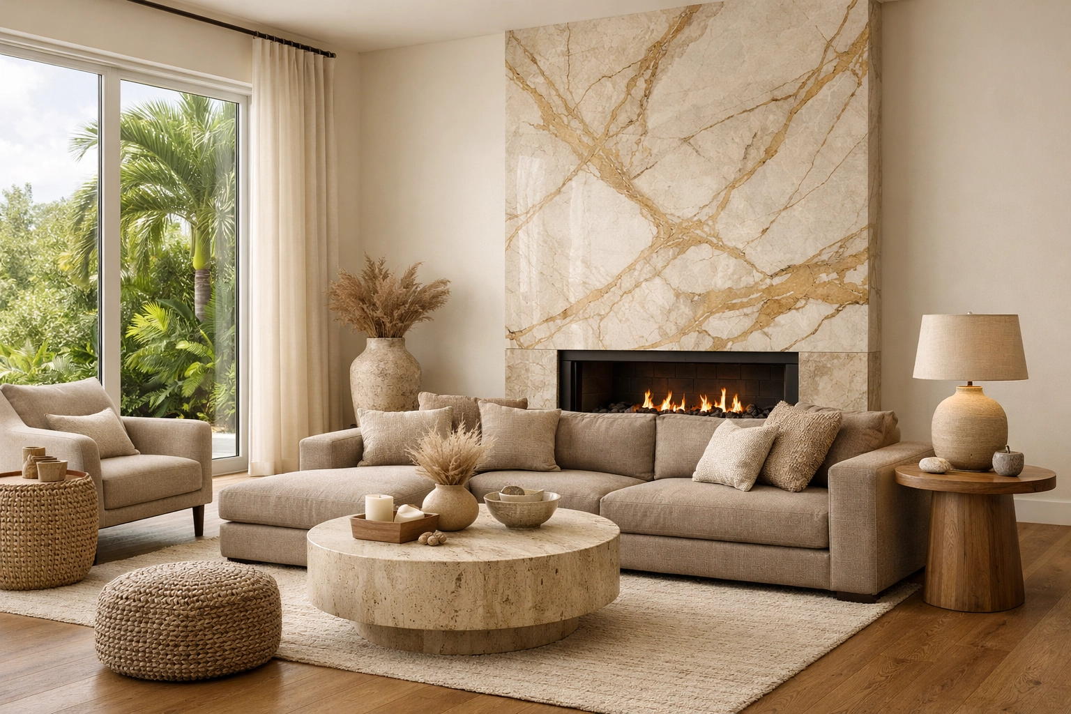 Modern Orlando living room with warm neutral tones, oak floors, and a luxury quartzite fireplace surround.