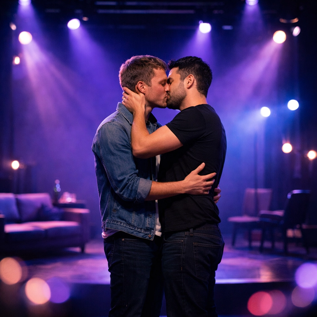Modern queer theatre production with two men in intimate embrace under stage lighting