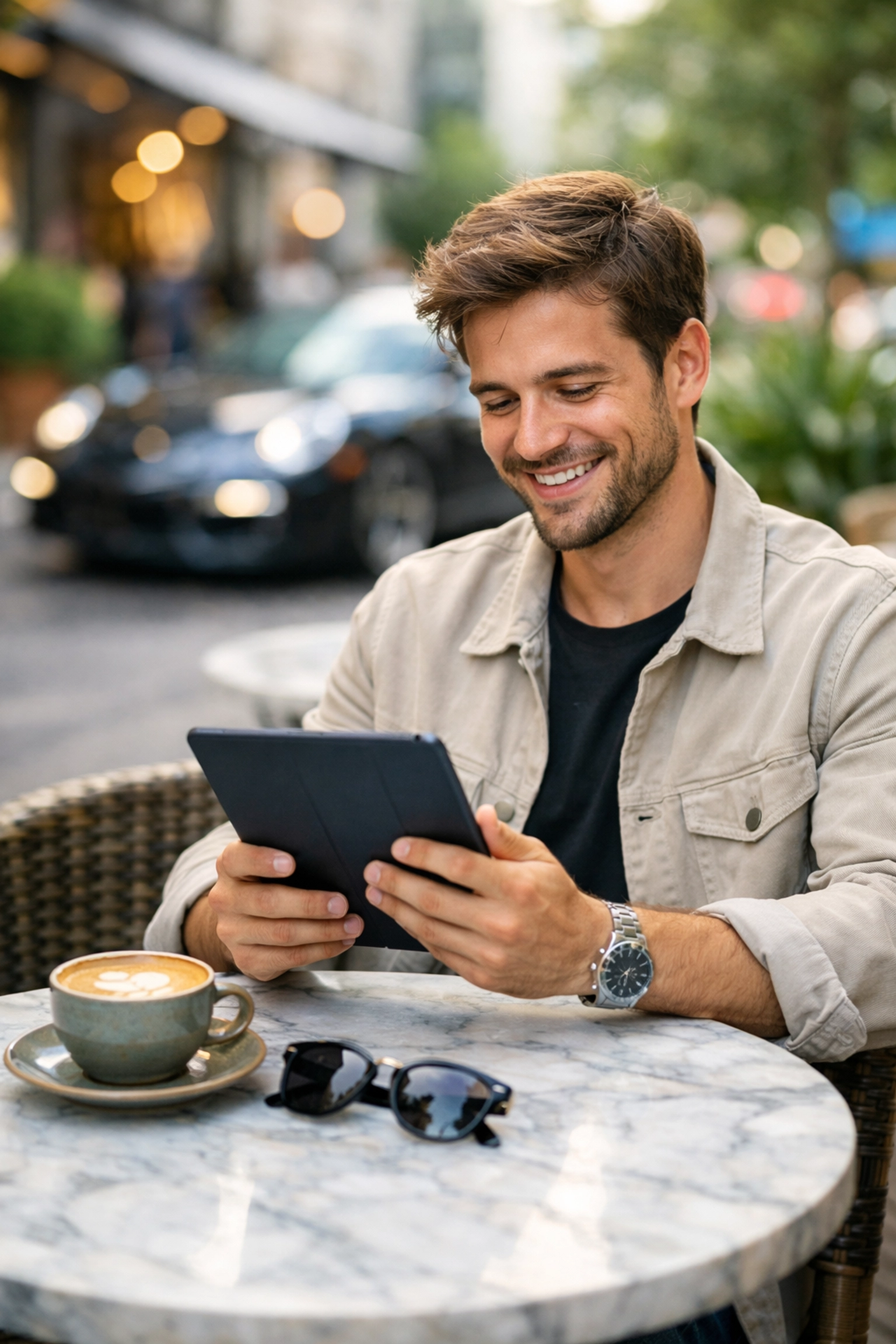 A young professional enjoying a coffee at an outdoor cafe in Charlotte's prestigious SouthPark district.