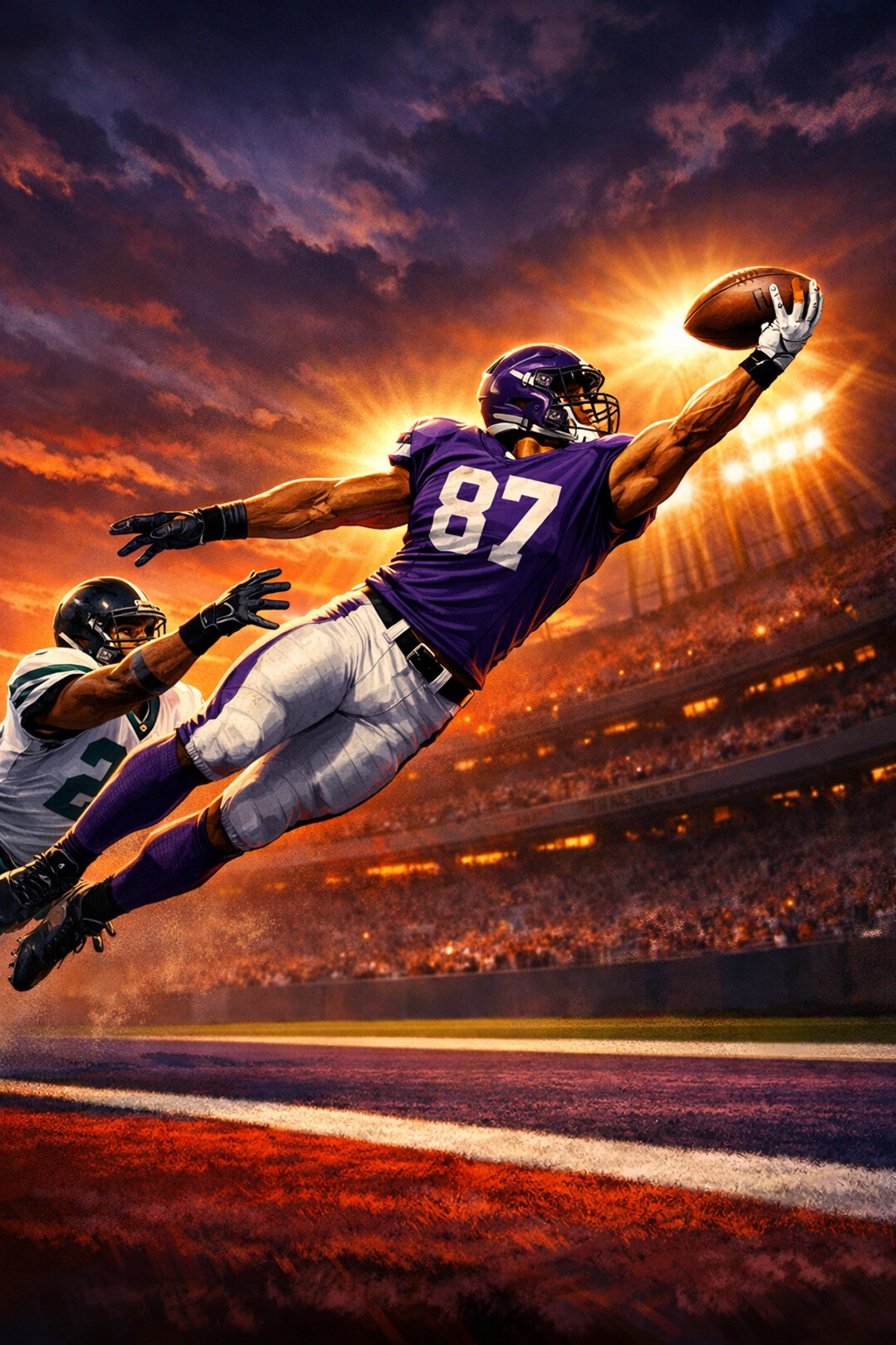 Tight end making touchdown catch in college football end zone against defender