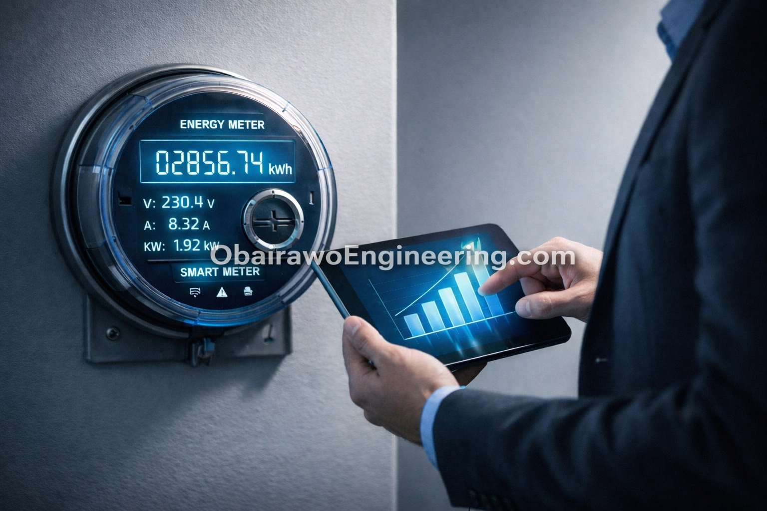 Professional energy audit using a digital meter and tablet to track electricity usage and billing accuracy.