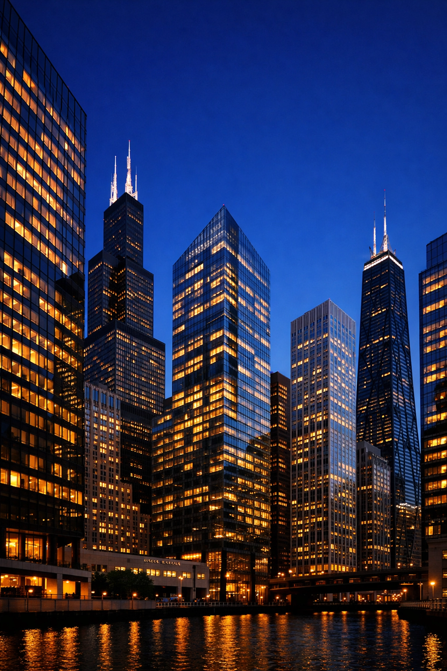The Chicago metropolitan skyline at dusk showing high-density commercial office buildings.