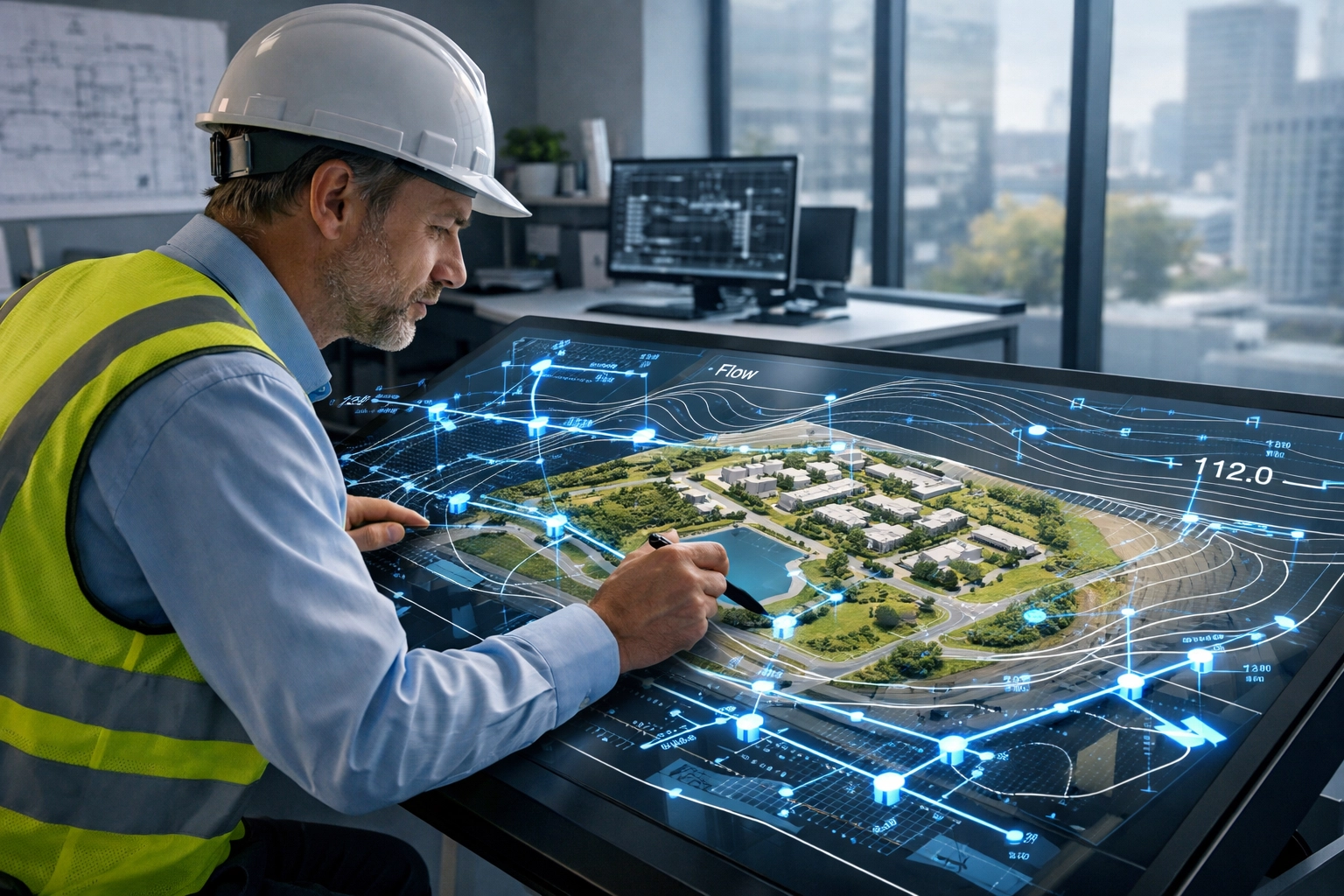 Civil engineer in Ontario analyzing a functional servicing report and 3D site model for land development.