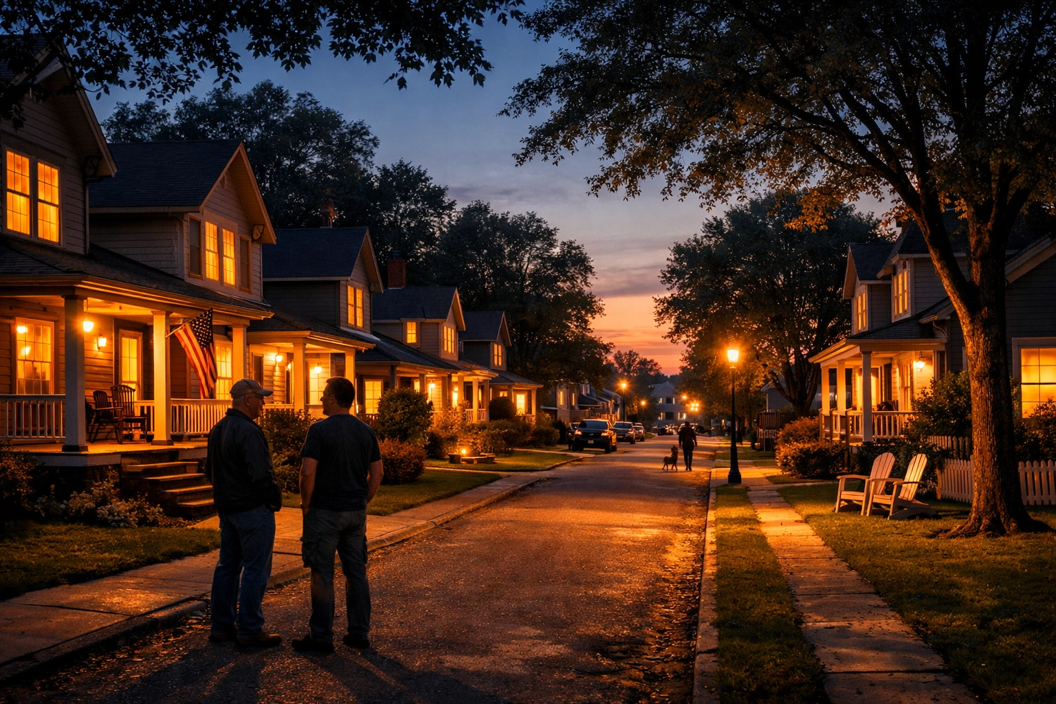 A peaceful neighborhood street at twilight with warm house lights, showing a safe community.