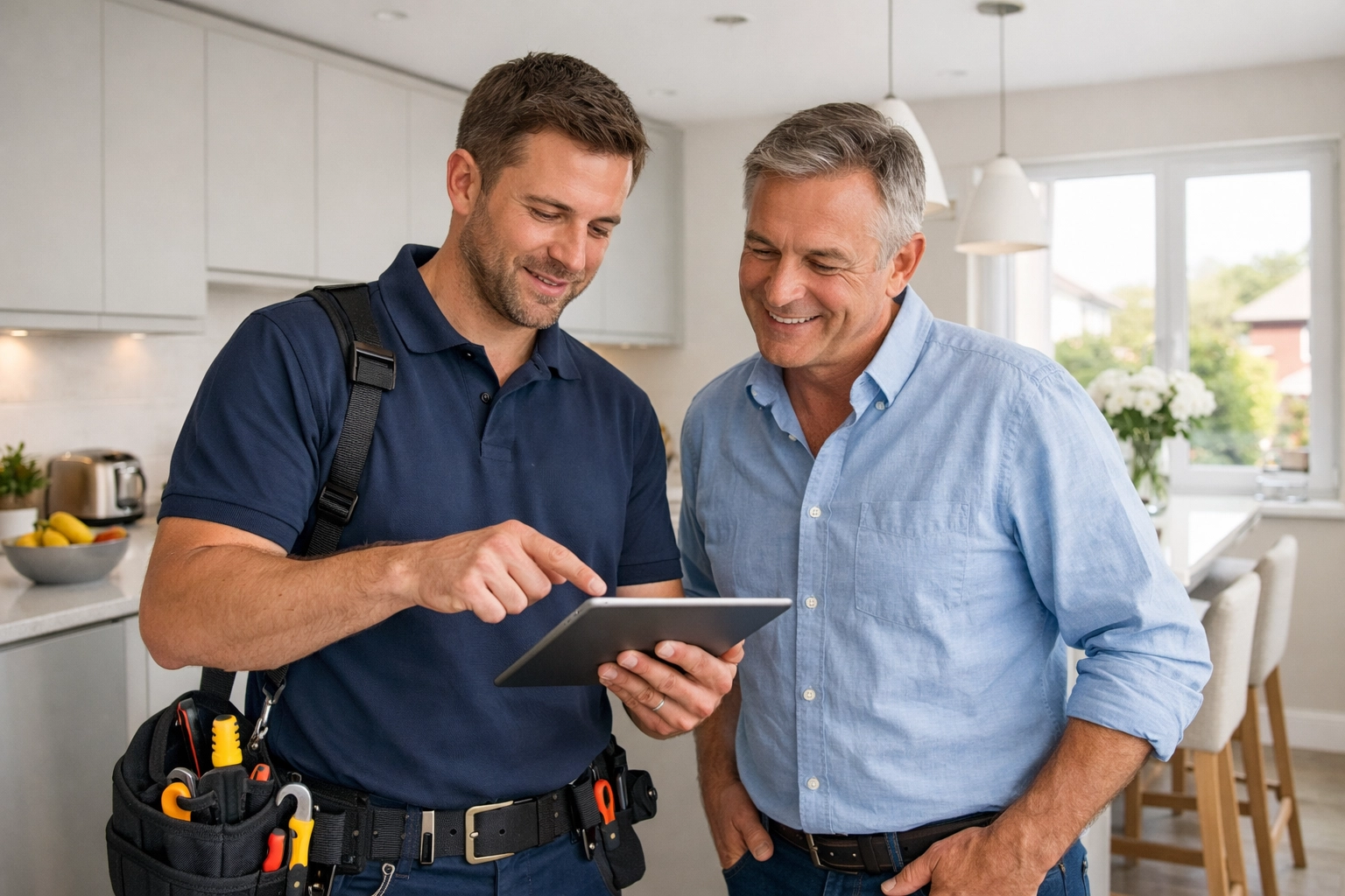 Electrician in Poole explaining EICR report findings and remedial work to a landlord for property compliance.
