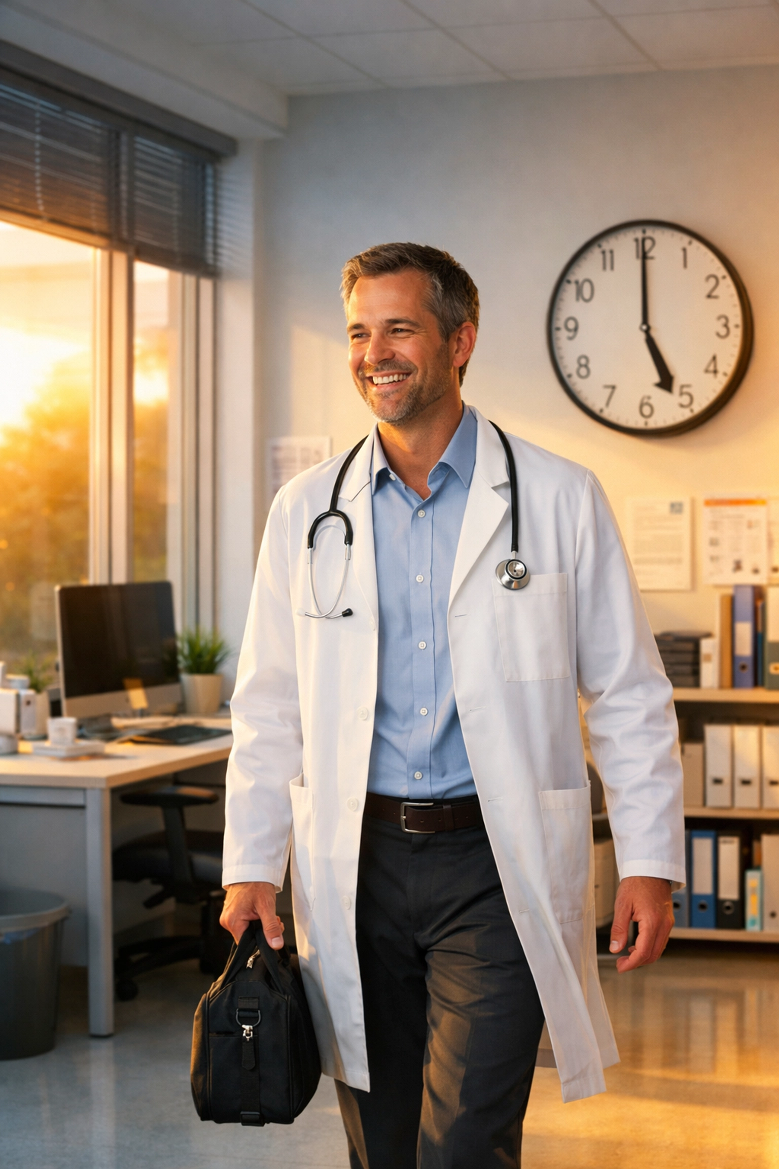 Happy clinician leaving work on time after reducing documentation time with AI