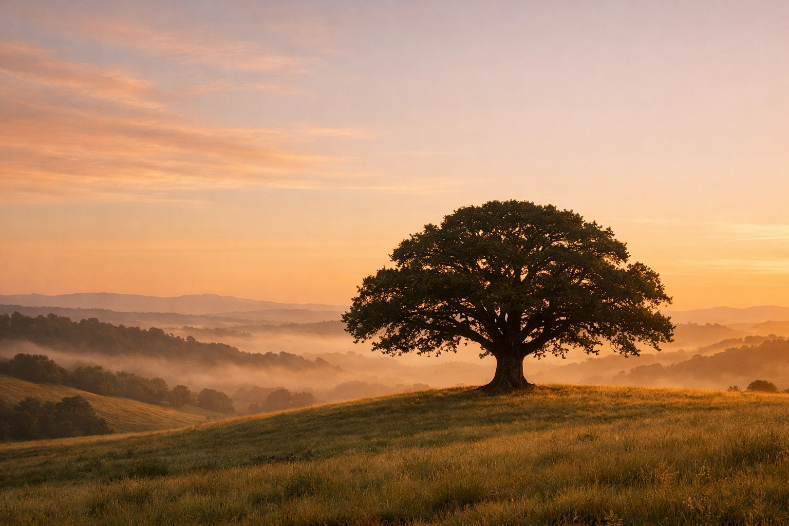 A strong oak tree on a hill at sunrise, symbolizing the strength and growth found through mental wellness and healing.