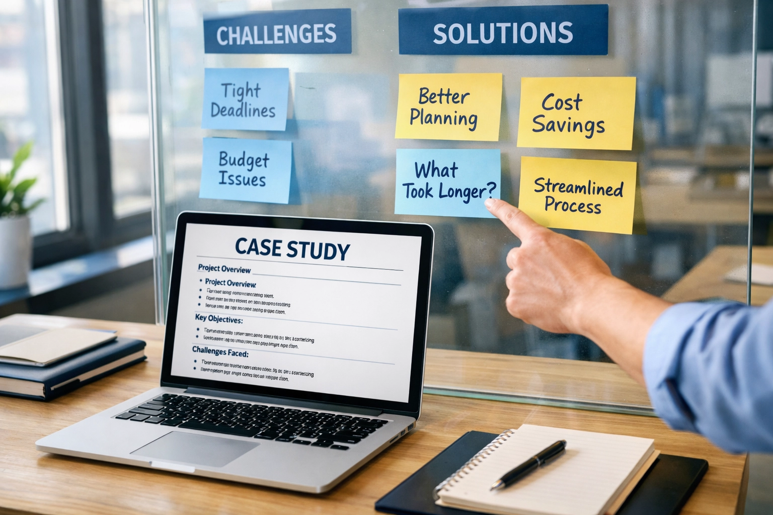 Collaborative workspace showing SEO case study with implementation challenges documented