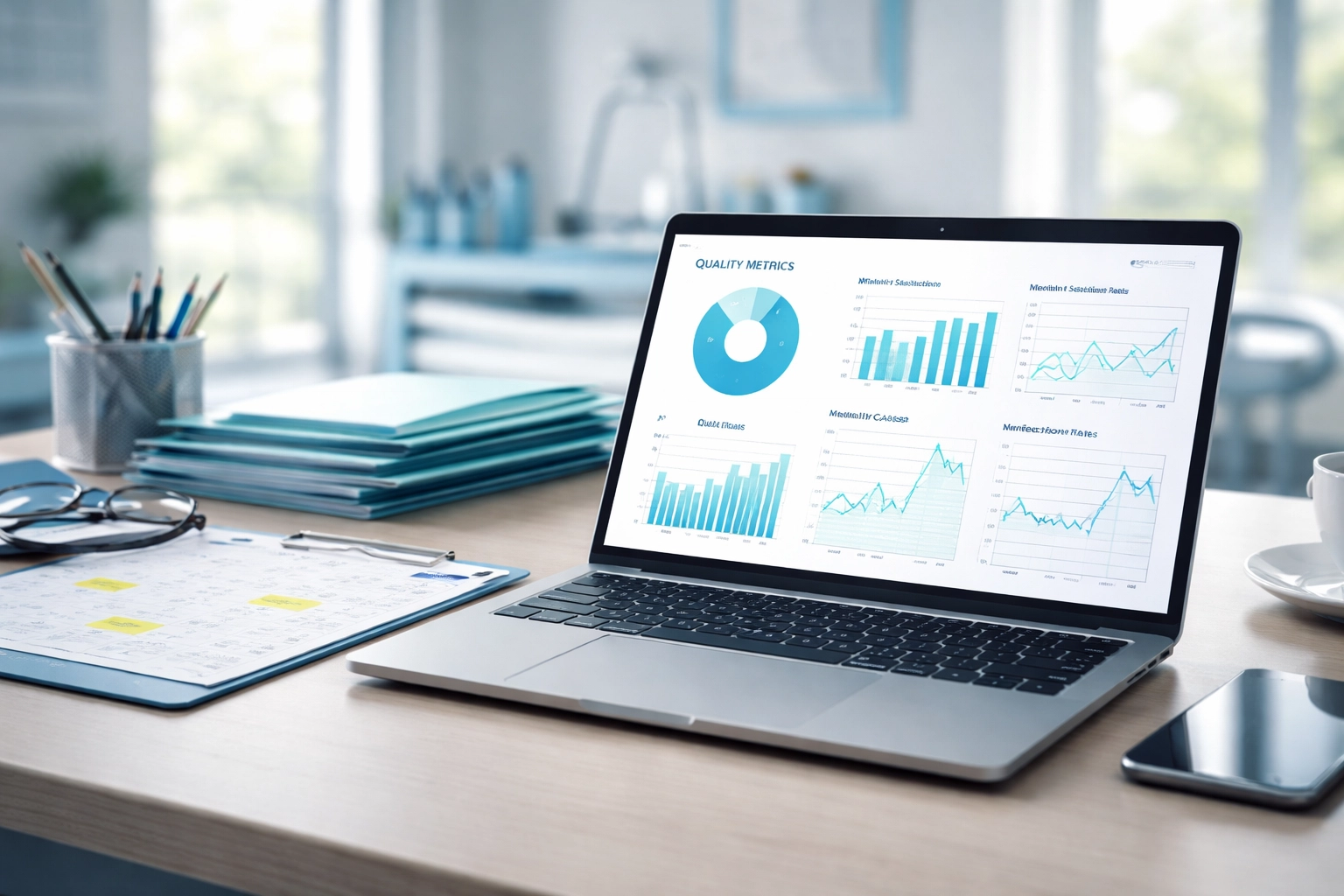 ASC administrator desk with laptop showing ASCQR quality reporting charts and compliance calendar