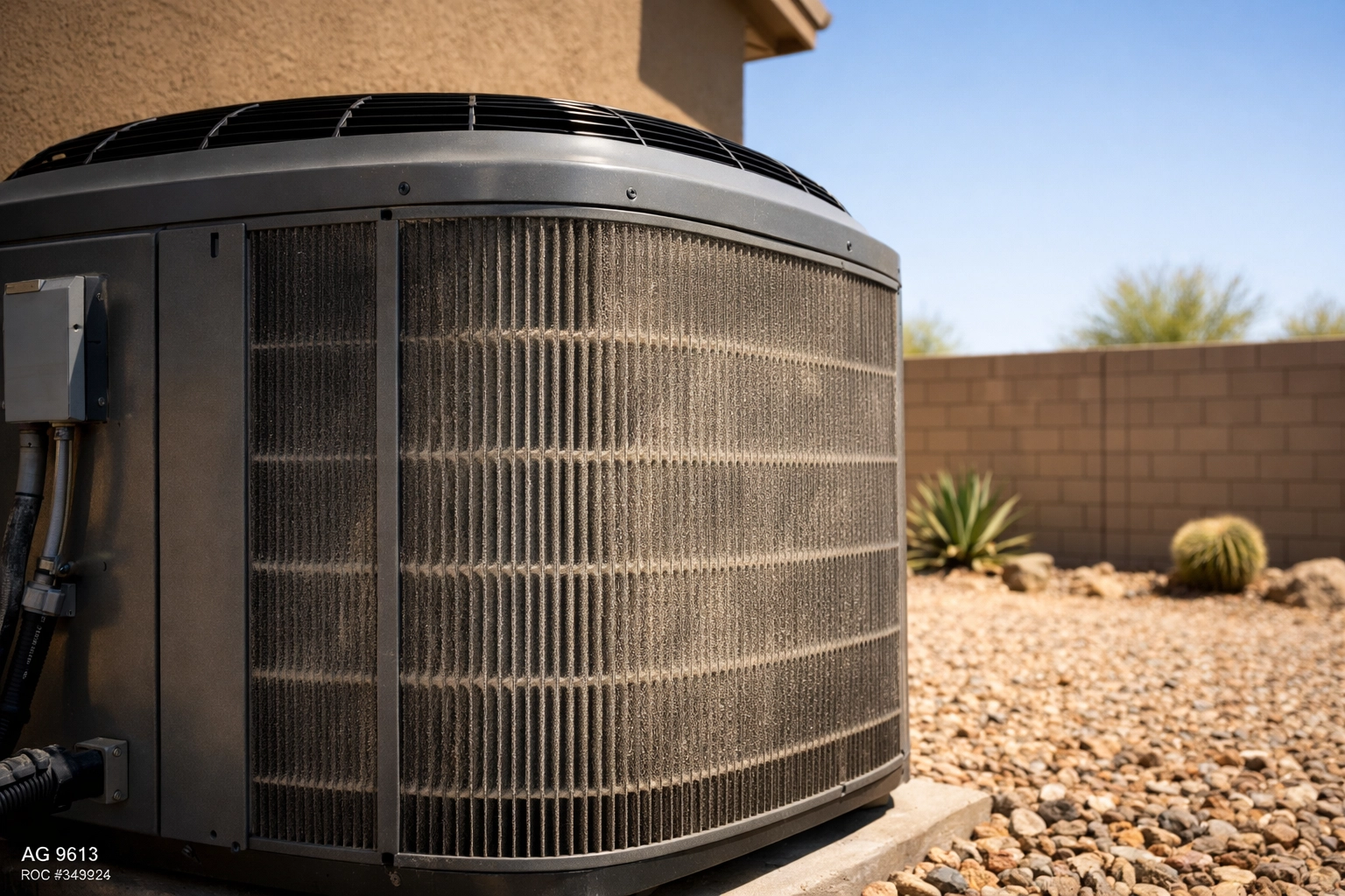 Dusty AC condenser in a Chandler backyard showing the importance of reliable AC maintenance and cleaning.