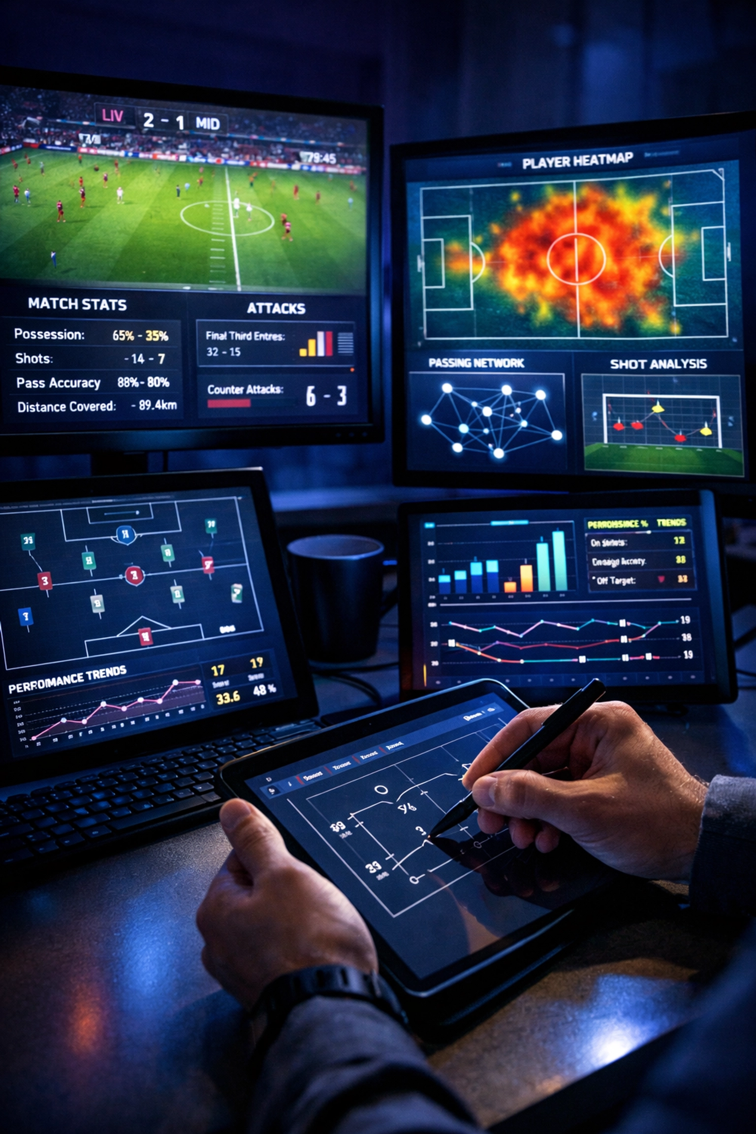 Sportwetten-Analyse mit Live-Statistiken und Datenvisualisierung auf mehreren Monitoren
