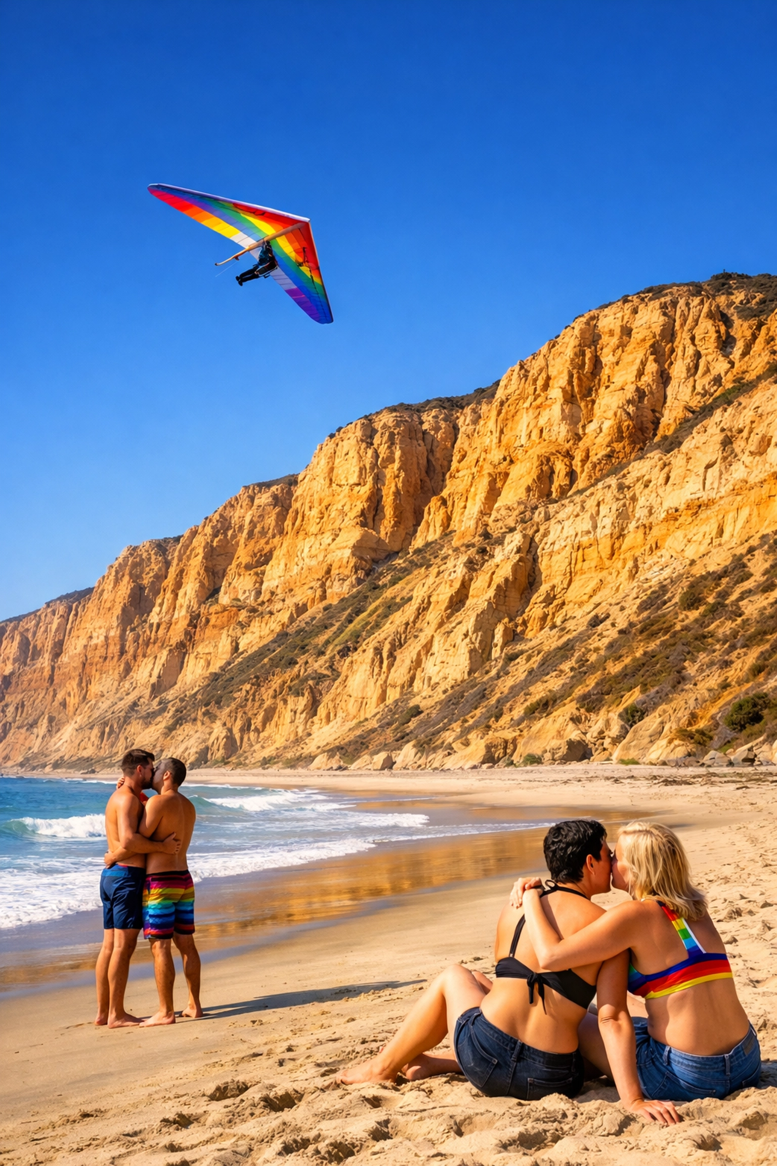 Black's Beach California with 300-foot sandstone cliffs and hang glider over Pacific Ocean