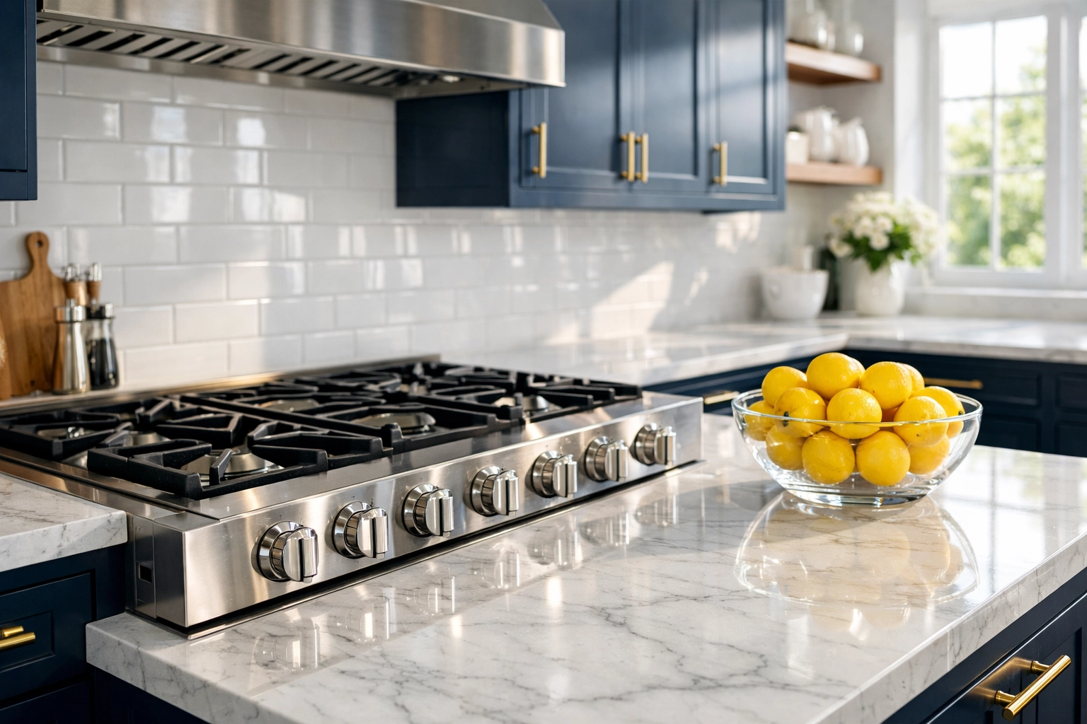 Spotless modern kitchen with marble counters, representing luxury house cleaning MA and professional deep cleaning.