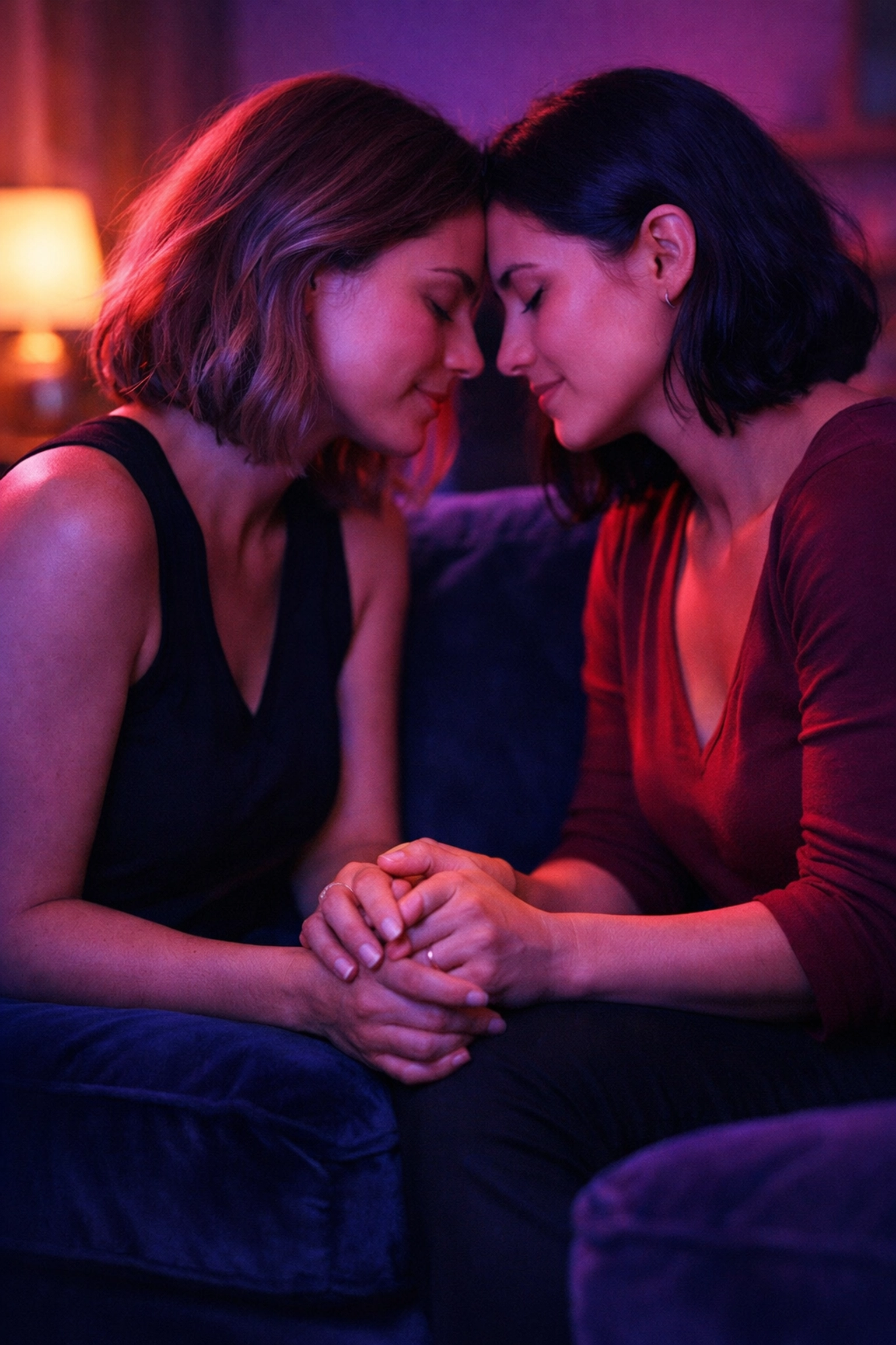 Two women sharing an intimate moment of communication and trust in their queer relationship.