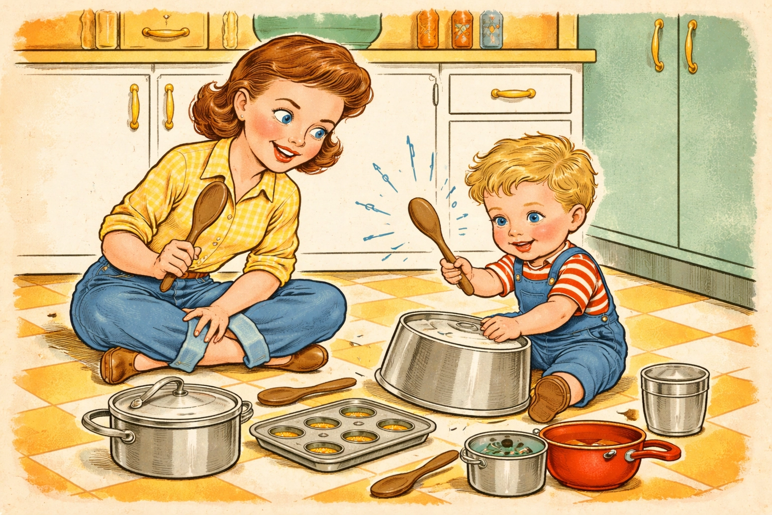Parent and child exploring kitchen sounds together on the floor with a variety of pots, pans, and wooden utensils for musical discovery.