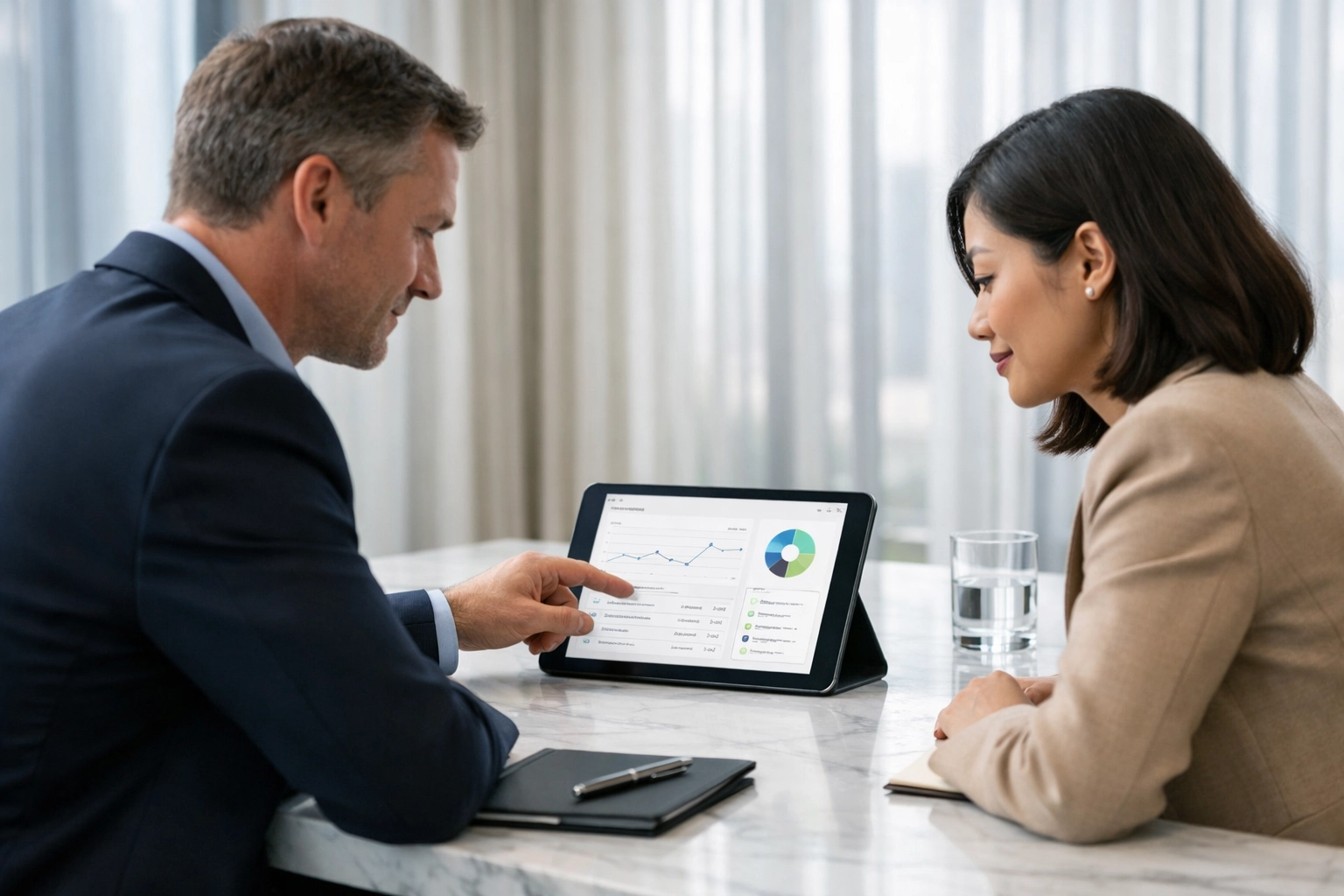 Tax professionals discussing ERO compliance and bank enrollment in a modern office setting.
