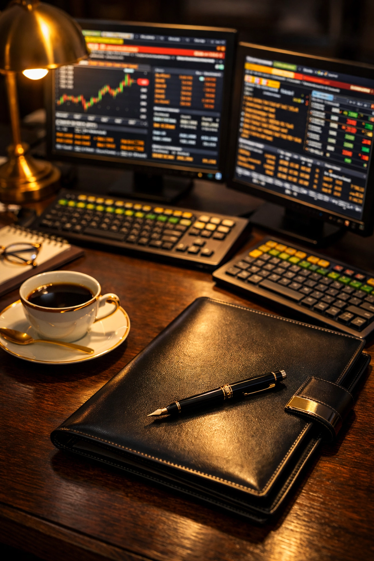 Institutional investor analyzing market data on trading terminals for portfolio strategy