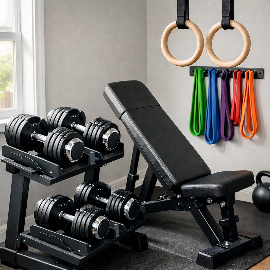 Organized home gym equipment including adjustable dumbbells, bench, and resistance bands