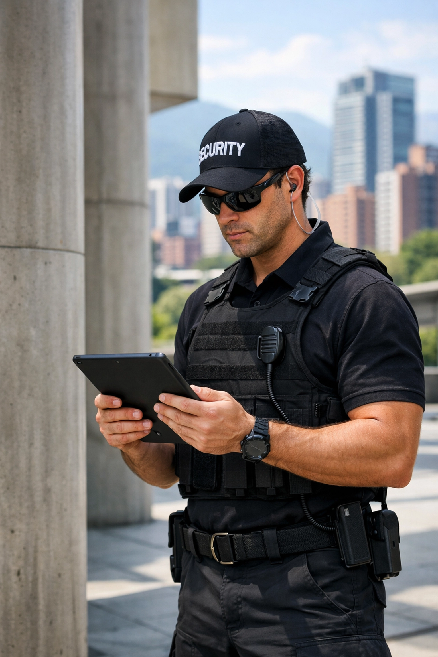 Executive protection team member conducting site security survey in Medellin