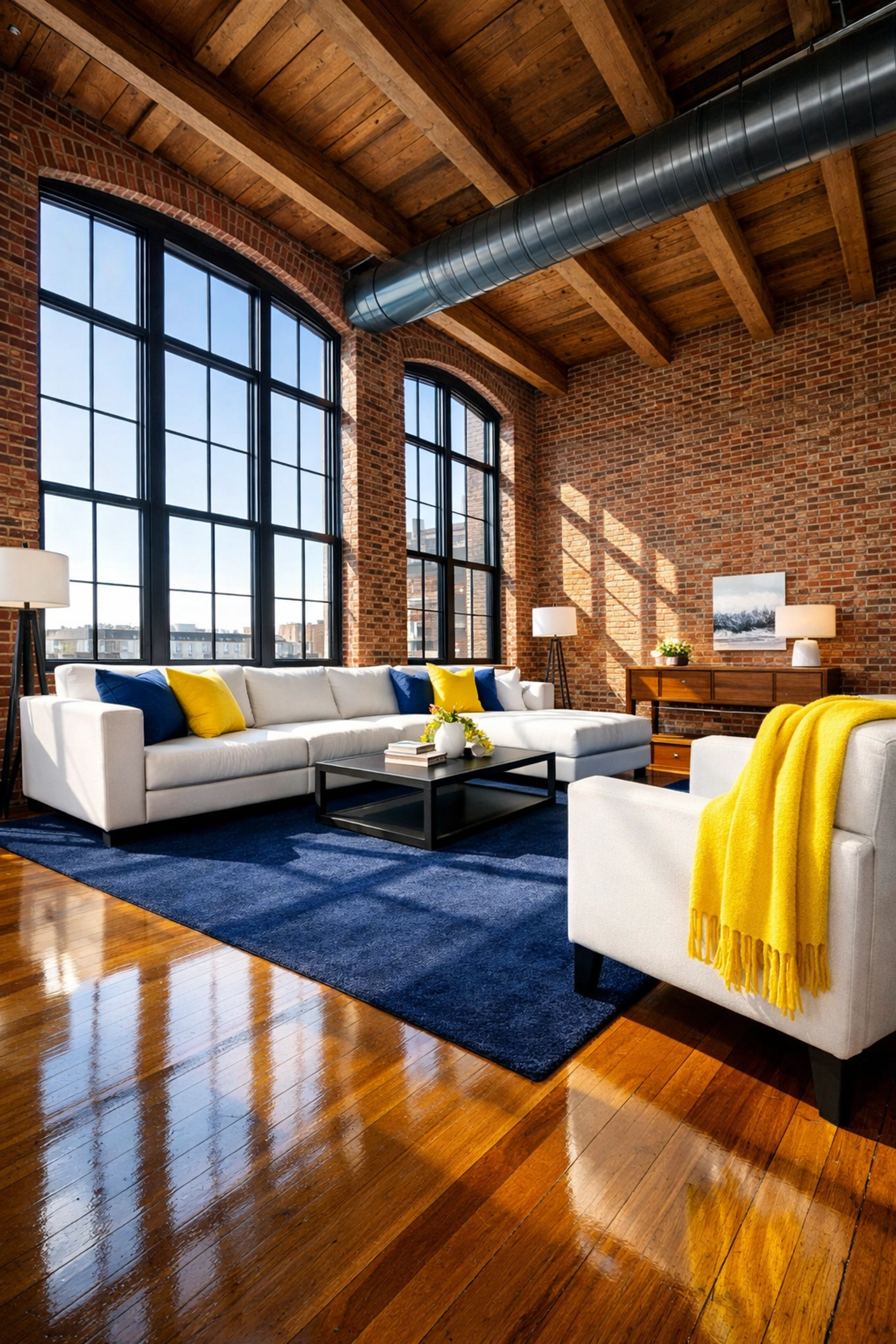 Impeccably clean Lowell mill loft with exposed brick walls and spotless hardwood floors after a house cleaning service.