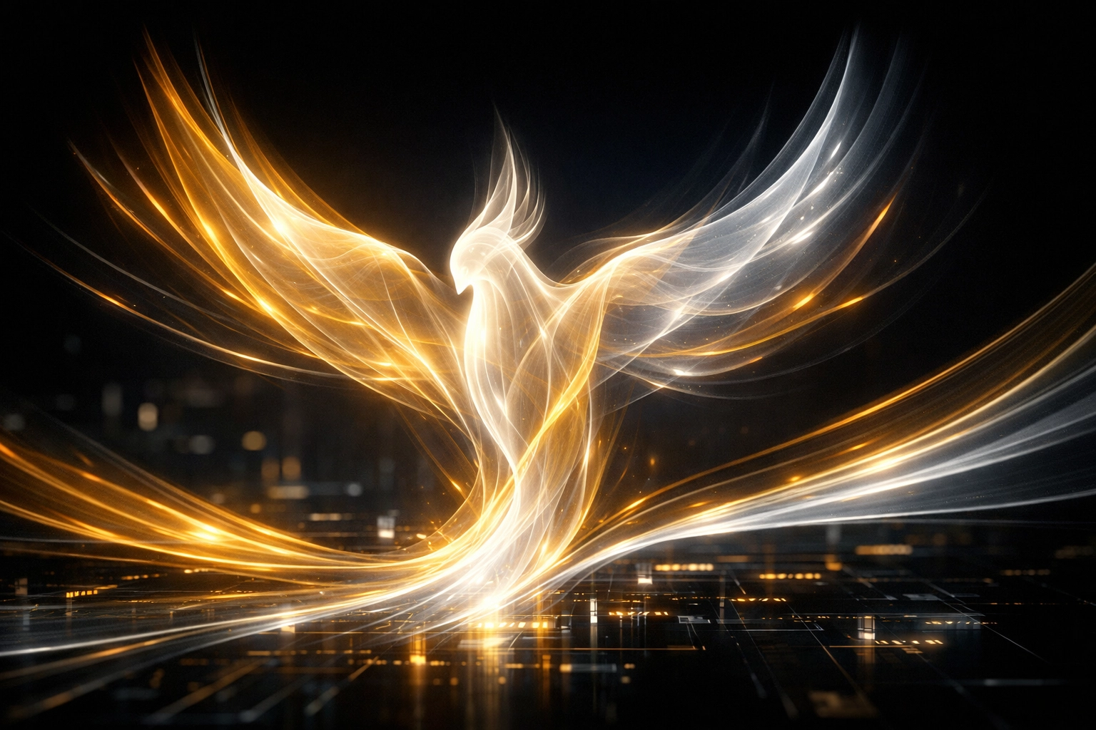 Glowing light trails shaped like a dove symbolizing the Holy Spirit in digital ministry.