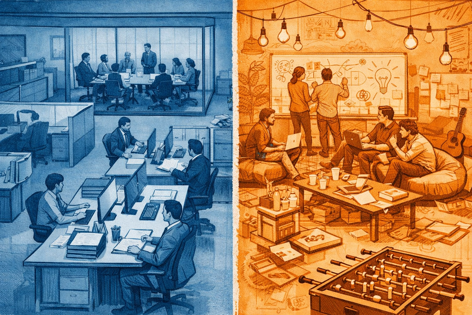 Two contrasting office cultures side by side showing cultural misalignment in M&A transactions