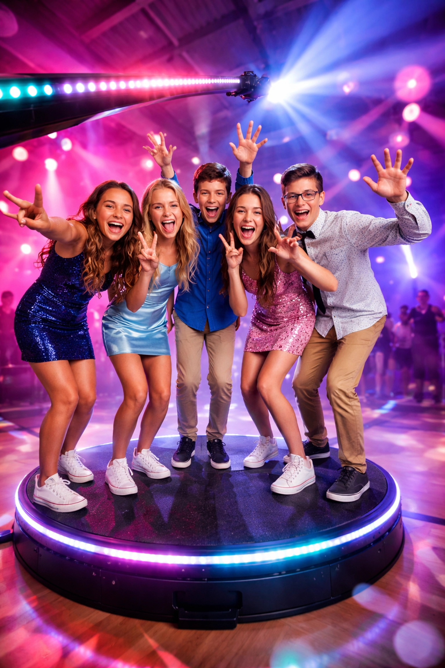 Middle school students pose and laugh on a 360 video booth platform at a dance with colorful LED uplighting.