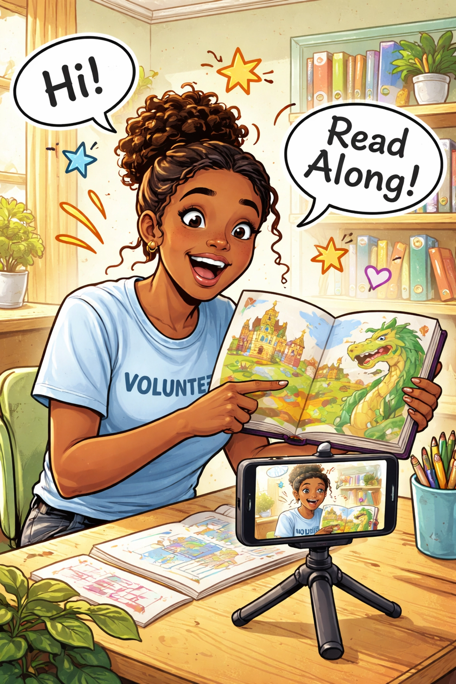 Black woman volunteer recording a Read With Me literacy session on her smartphone in a bright community setting