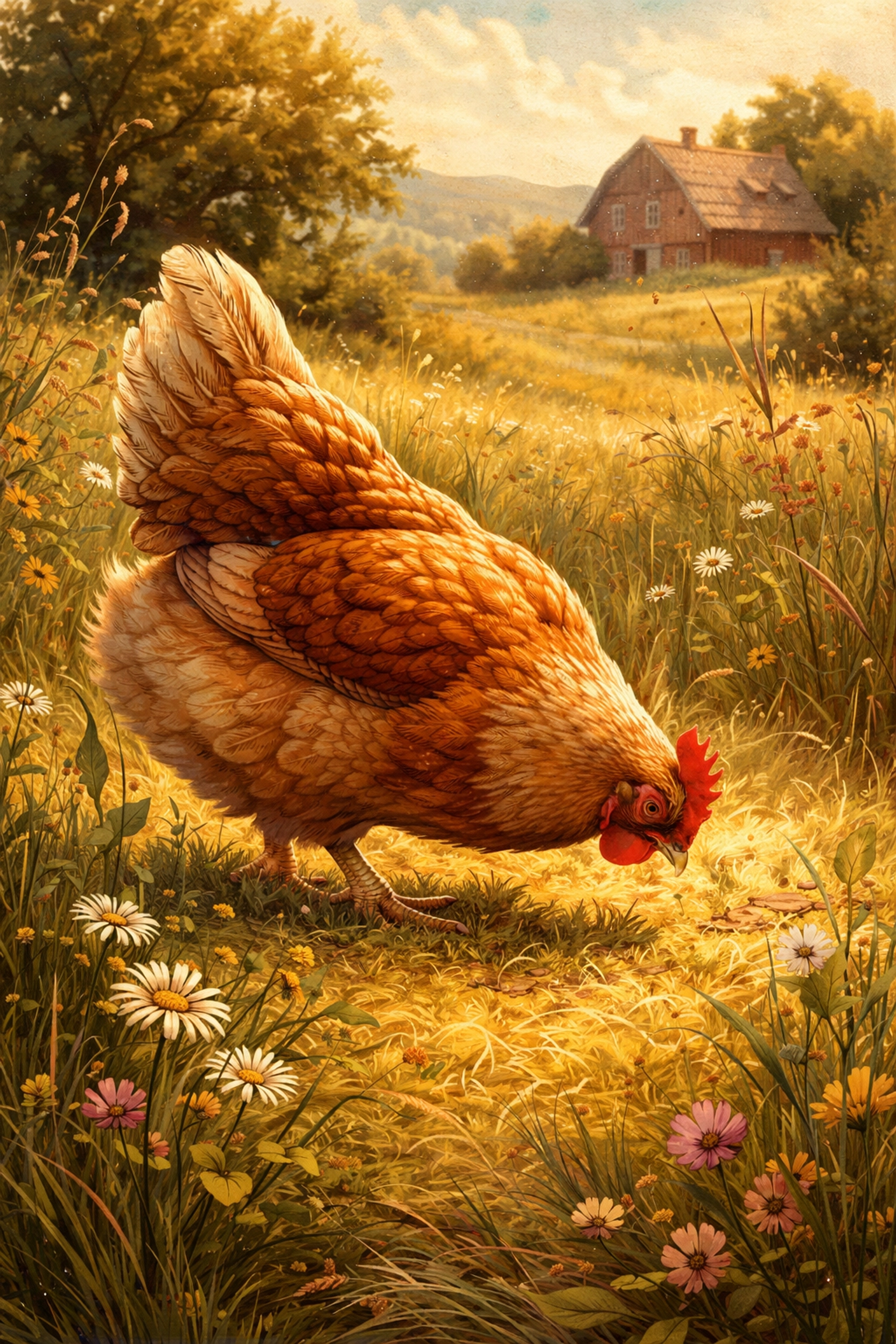 Free-range hen foraging in a sunny pasture, representing healthy pasture-raised egg production