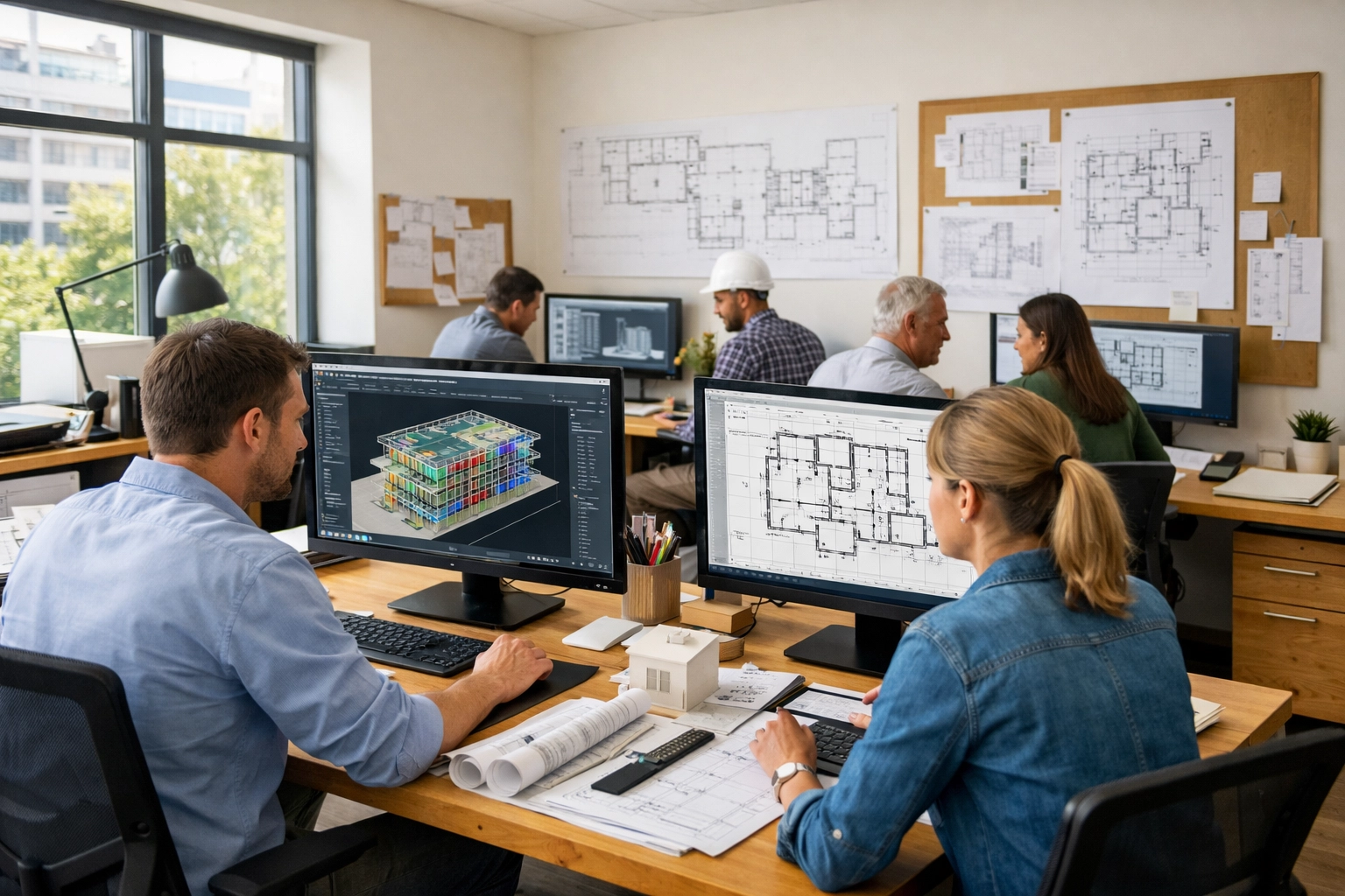 Architectural office with in-house architects and structural engineers working together on design projects