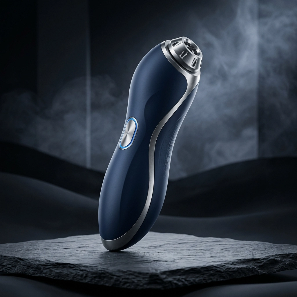 Sleek male masturbator cup on a pedestal, designed to help men overcome performance anxiety.