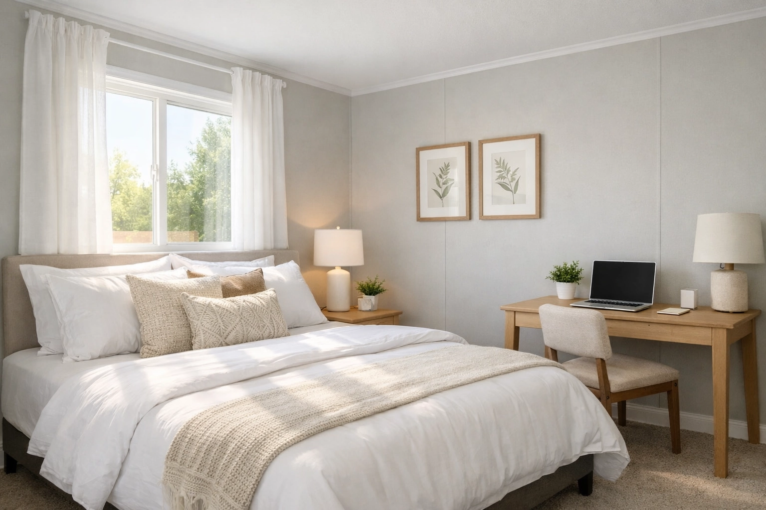 Bright master bedroom in The Haven manufactured home model featuring a home office workspace and natural light.